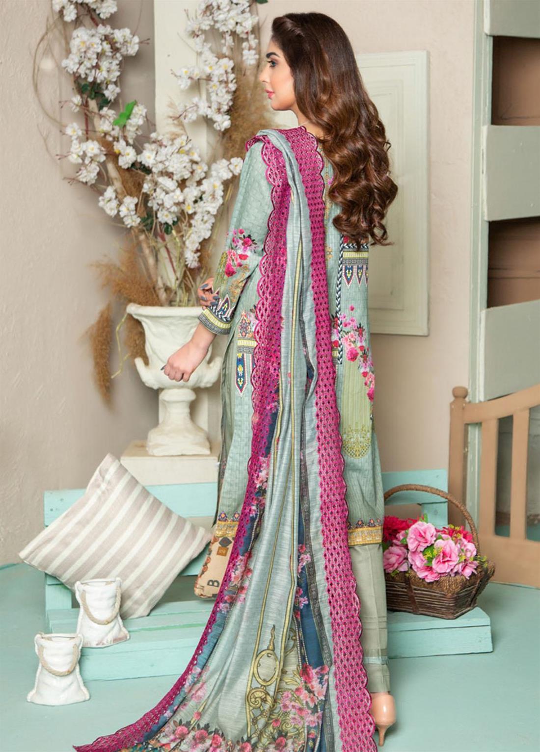 Mint Cutwork Readymade Stripe Embroidered Lawn Salwar Suit