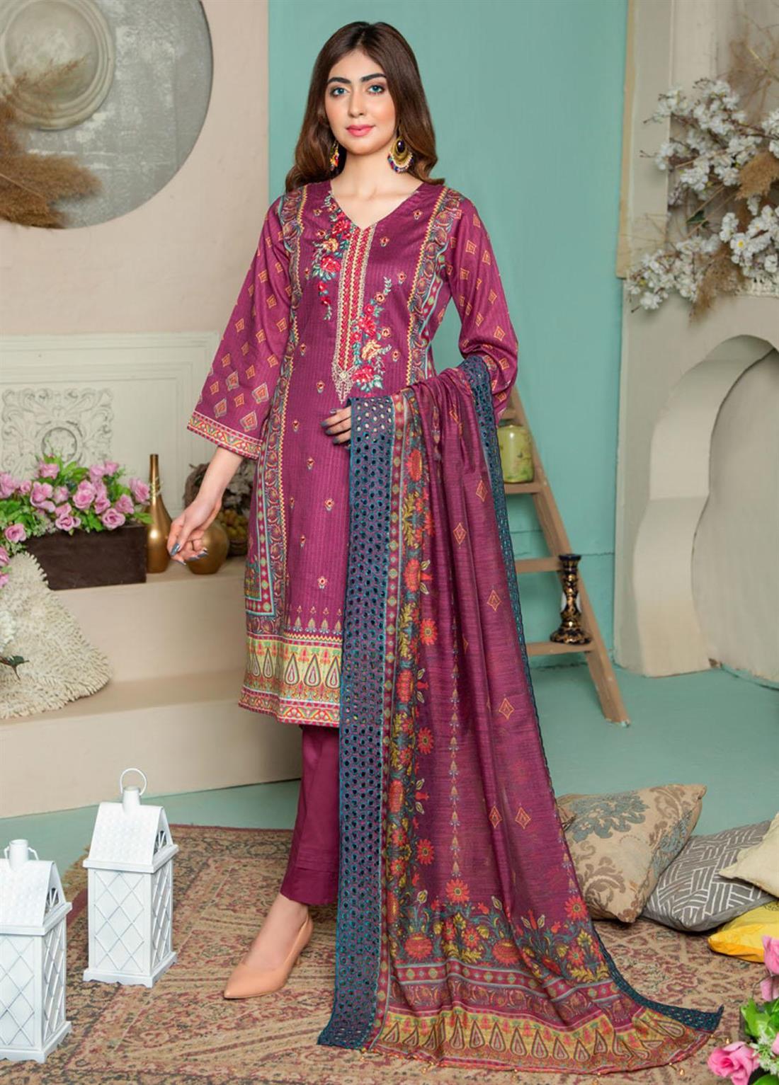Plum Cutwork Readymade Stripe Embroidered Lawn Salwar Suit