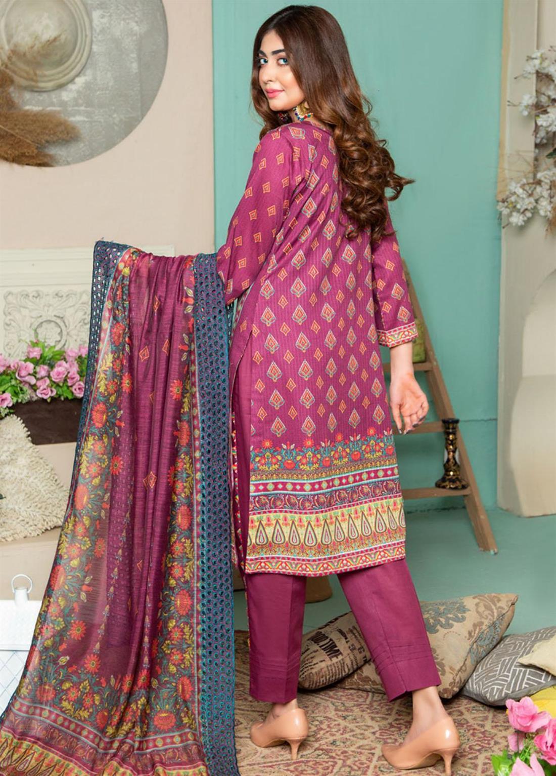 Plum Cutwork Readymade Stripe Embroidered Lawn Salwar Suit