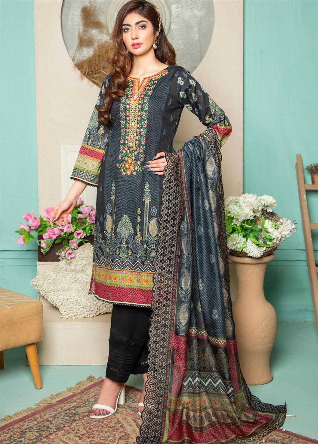 Black Cutwork 3 Piece Readymade Stripe Embroidered Lawn Salwar Suit