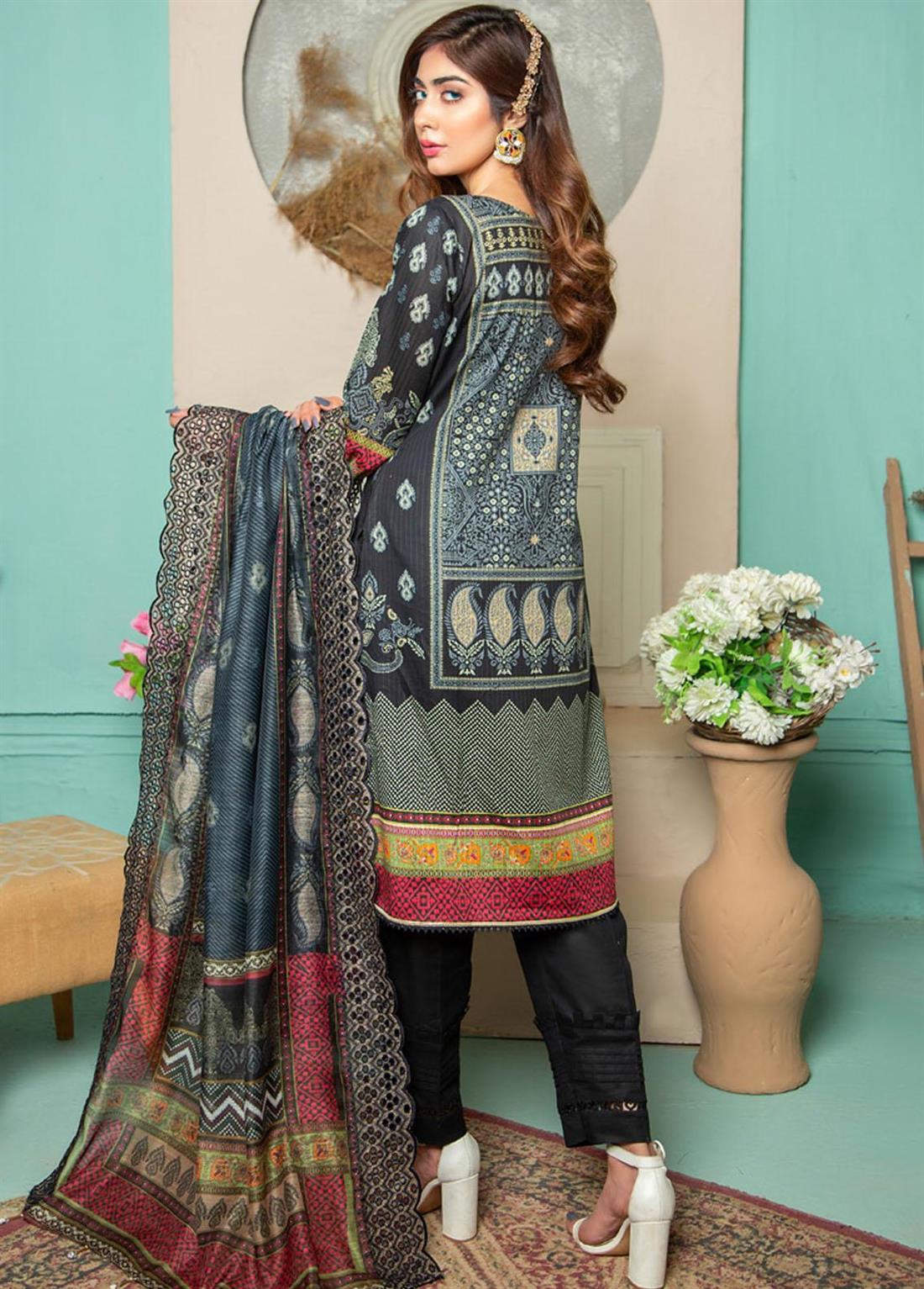 Black Cutwork 3 Piece Readymade Stripe Embroidered Lawn Salwar Suit