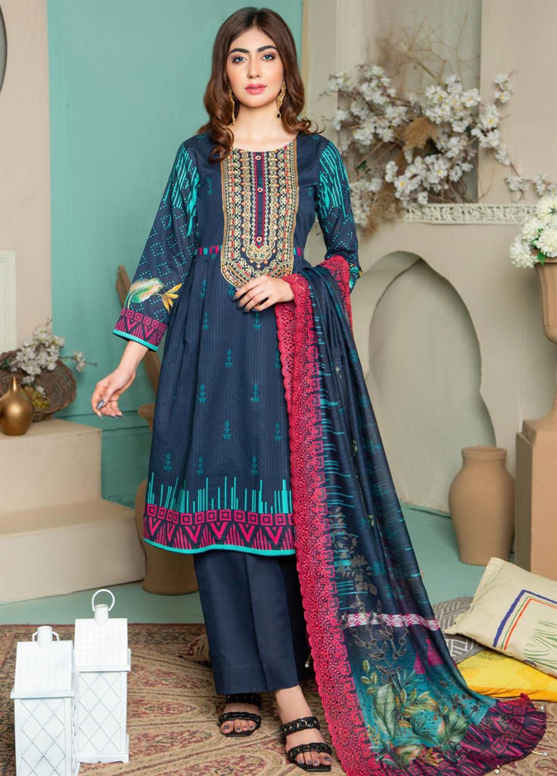 Navy Blue Cutwork 3 Piece Stripe Embroidered Lawn Salwar Suit