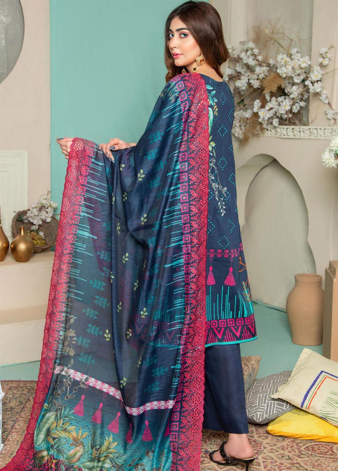 Navy Blue Cutwork 3 Piece Stripe Embroidered Lawn Salwar Suit