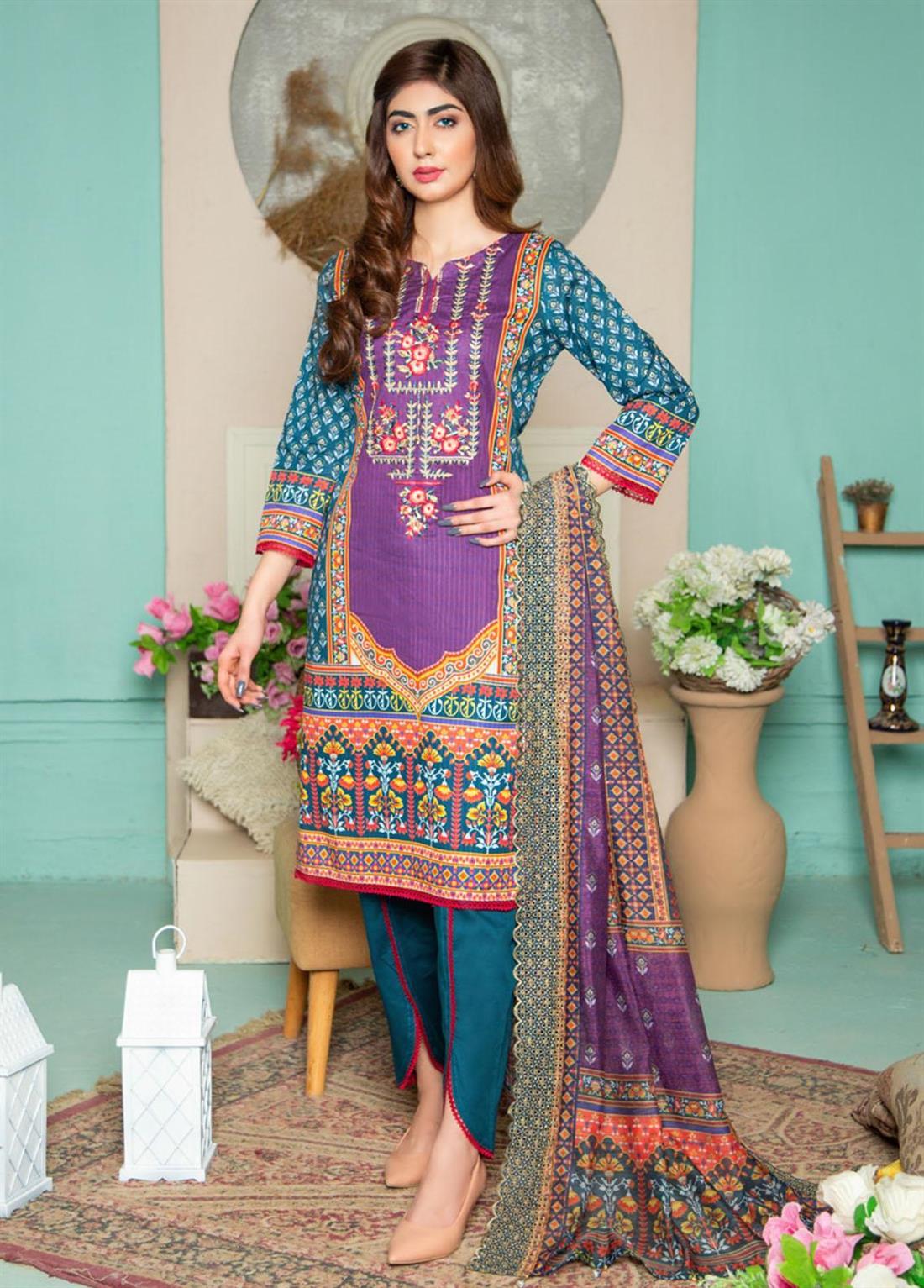 Purple & Multicolour Cutwork Purple/Multicolour Stripe Embroidered Lawn Salwar Suit