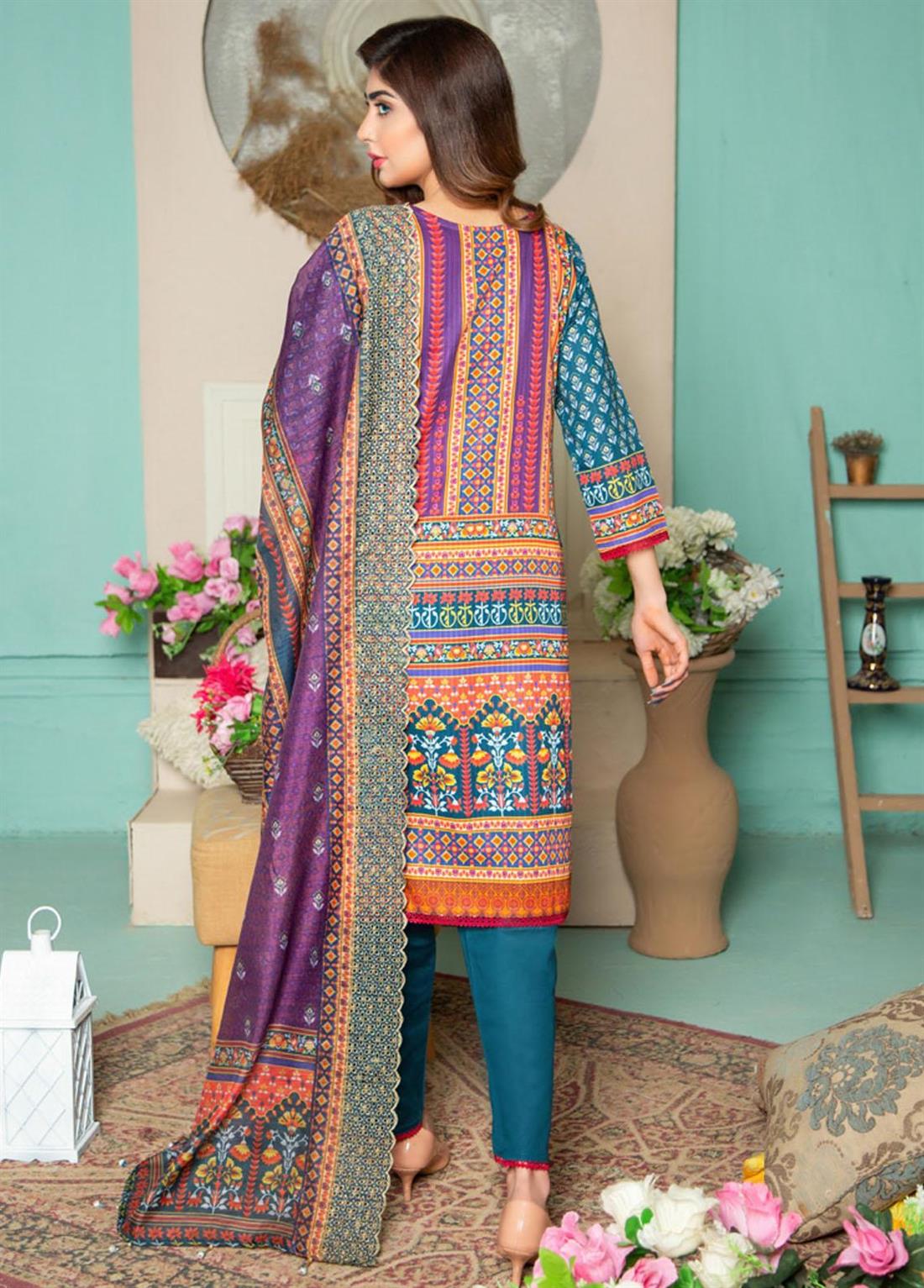 Purple & Multicolour Cutwork Purple/Multicolour Stripe Embroidered Lawn Salwar Suit