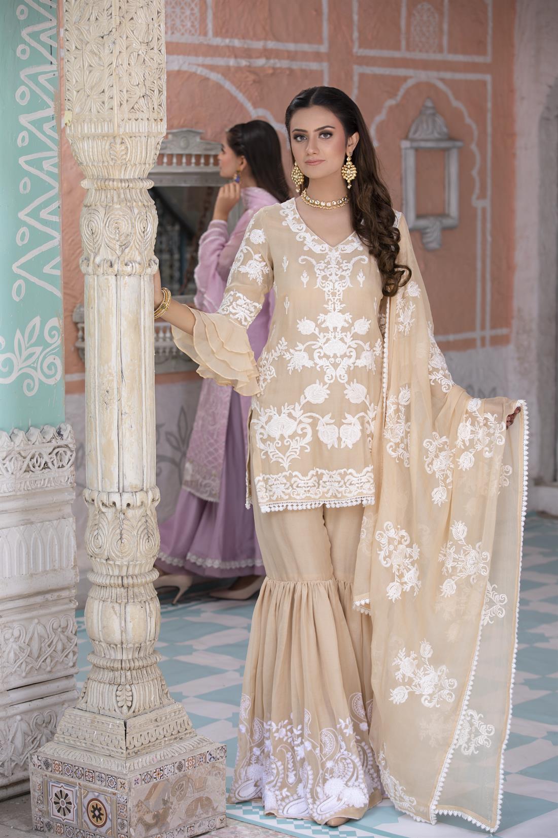 Beige Gharara 3 Piece Heavy Embroidered Chiffon Salwar Suit