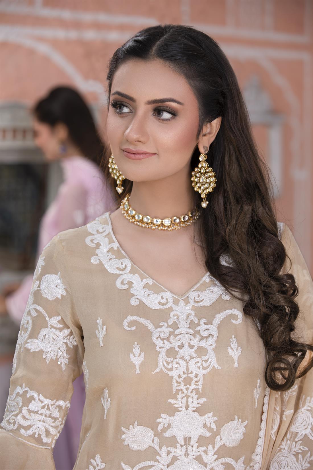 Beige Gharara 3 Piece Heavy Embroidered Chiffon Salwar Suit