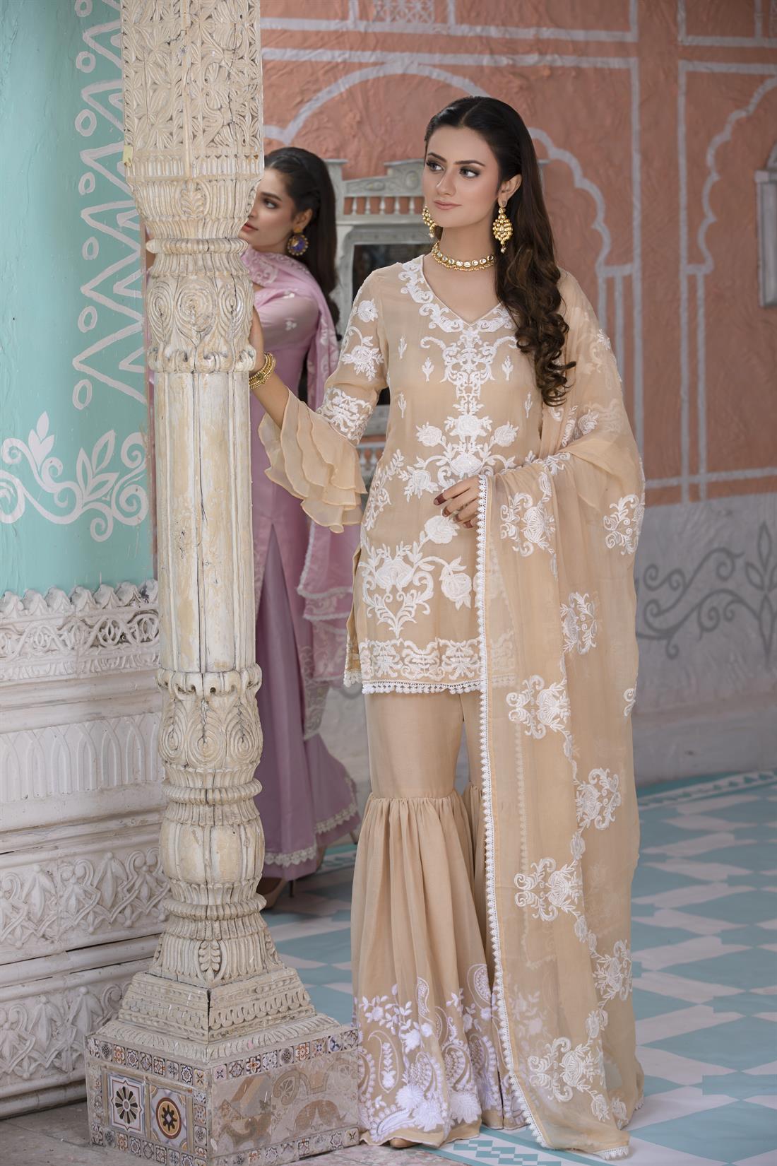 Beige Gharara 3 Piece Heavy Embroidered Chiffon Salwar Suit