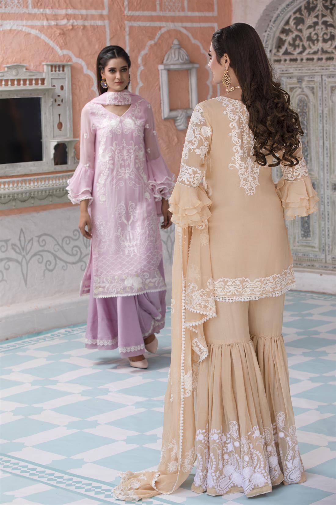 Beige Gharara 3 Piece Heavy Embroidered Chiffon Salwar Suit
