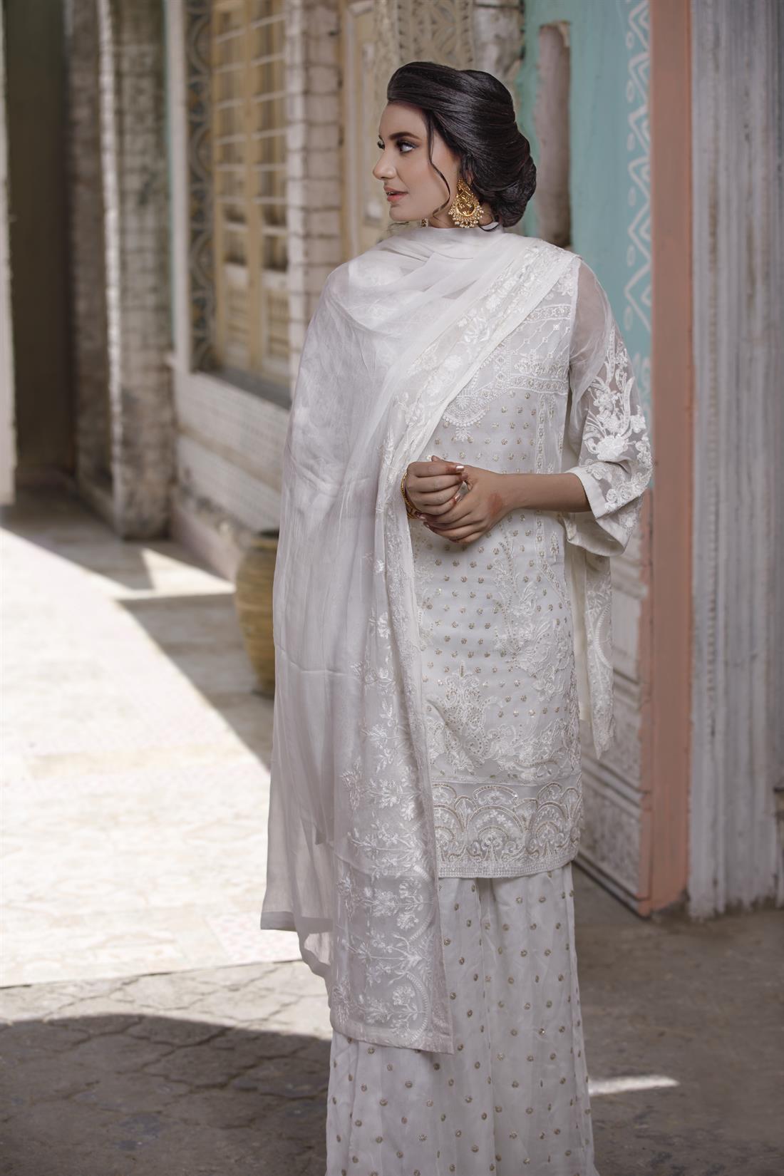 White Gharara 3 Piece Heavy Embroidered Chiffon Salwar Suit