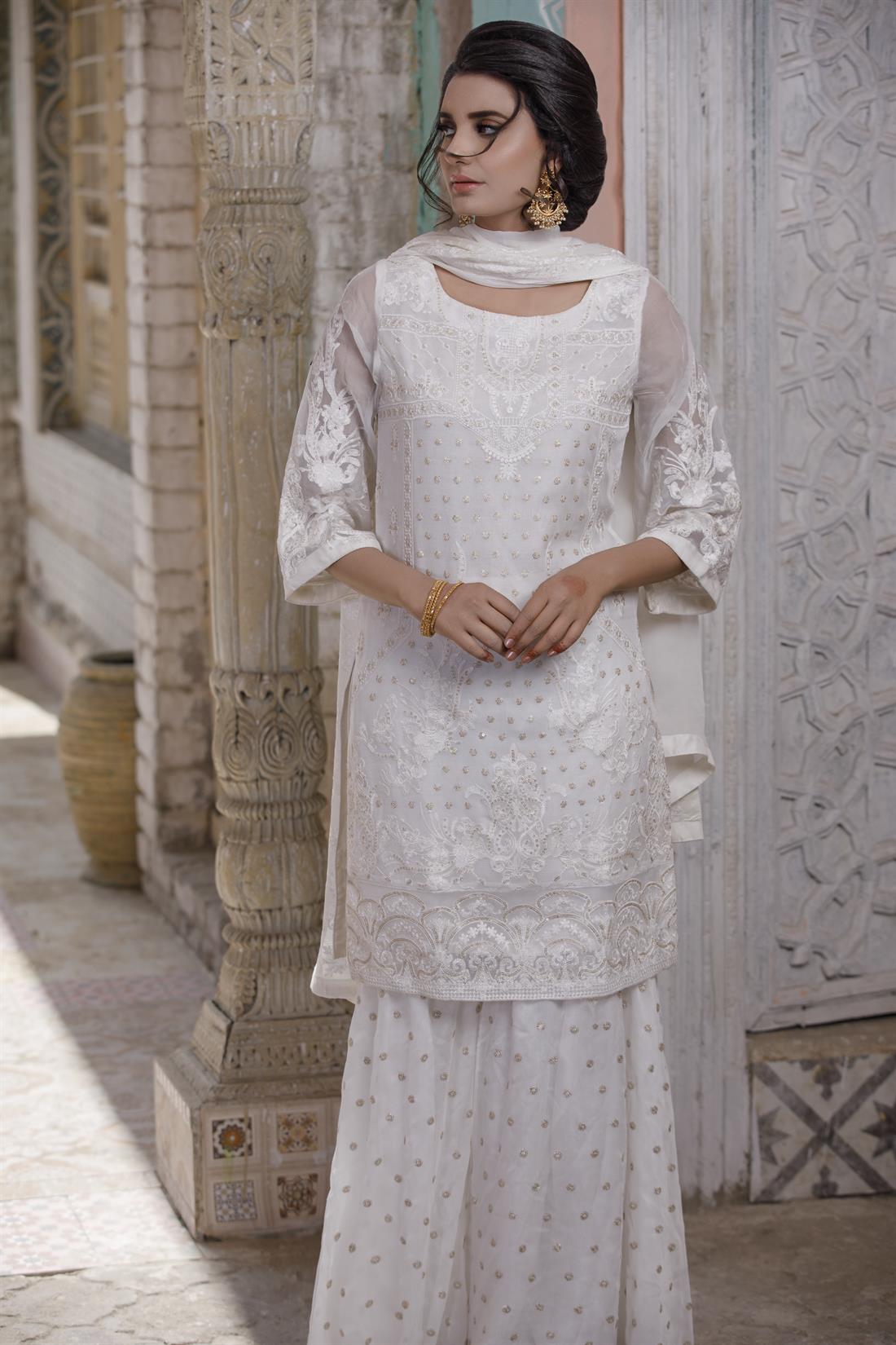 White Gharara 3 Piece Heavy Embroidered Chiffon Salwar Suit