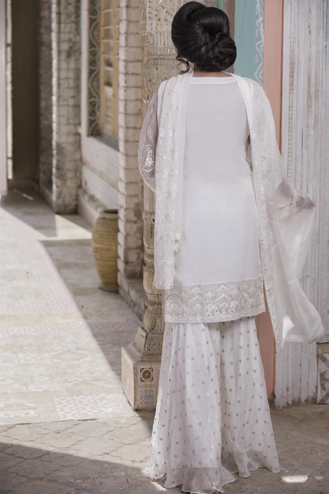 White Gharara 3 Piece Heavy Embroidered Chiffon Salwar Suit