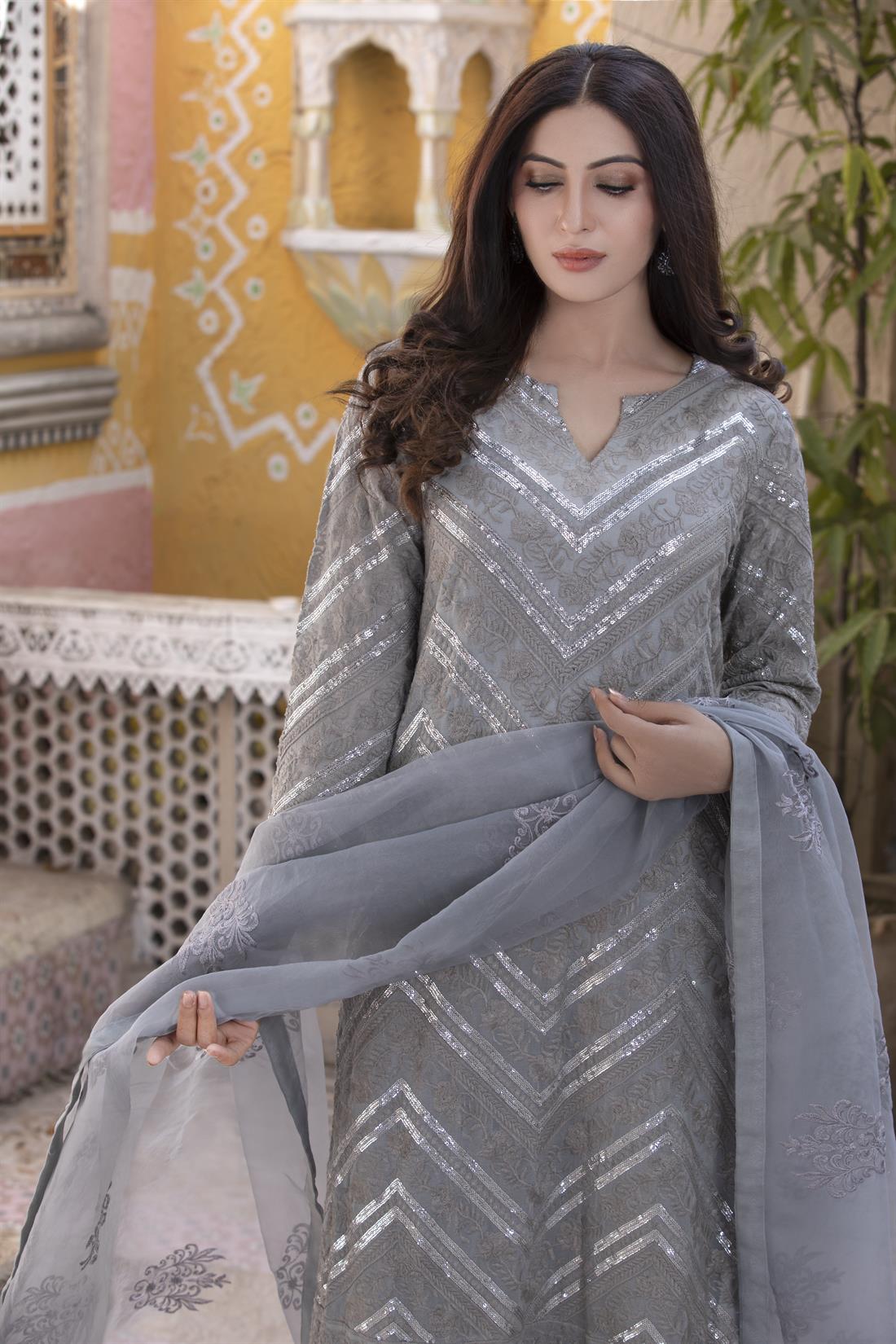 Grey Gharara 3 Piece Heavy Embroidered Chiffon Salwar Suit