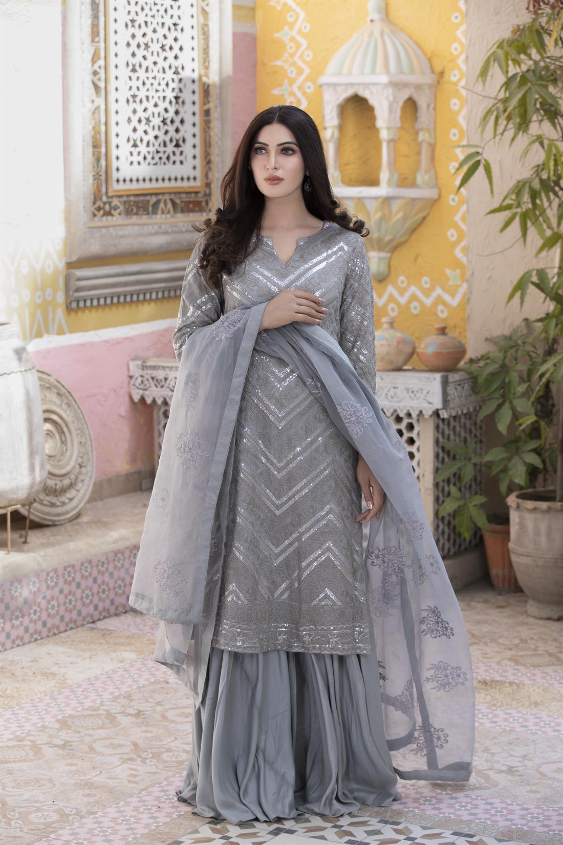 Grey Gharara 3 Piece Heavy Embroidered Chiffon Salwar Suit