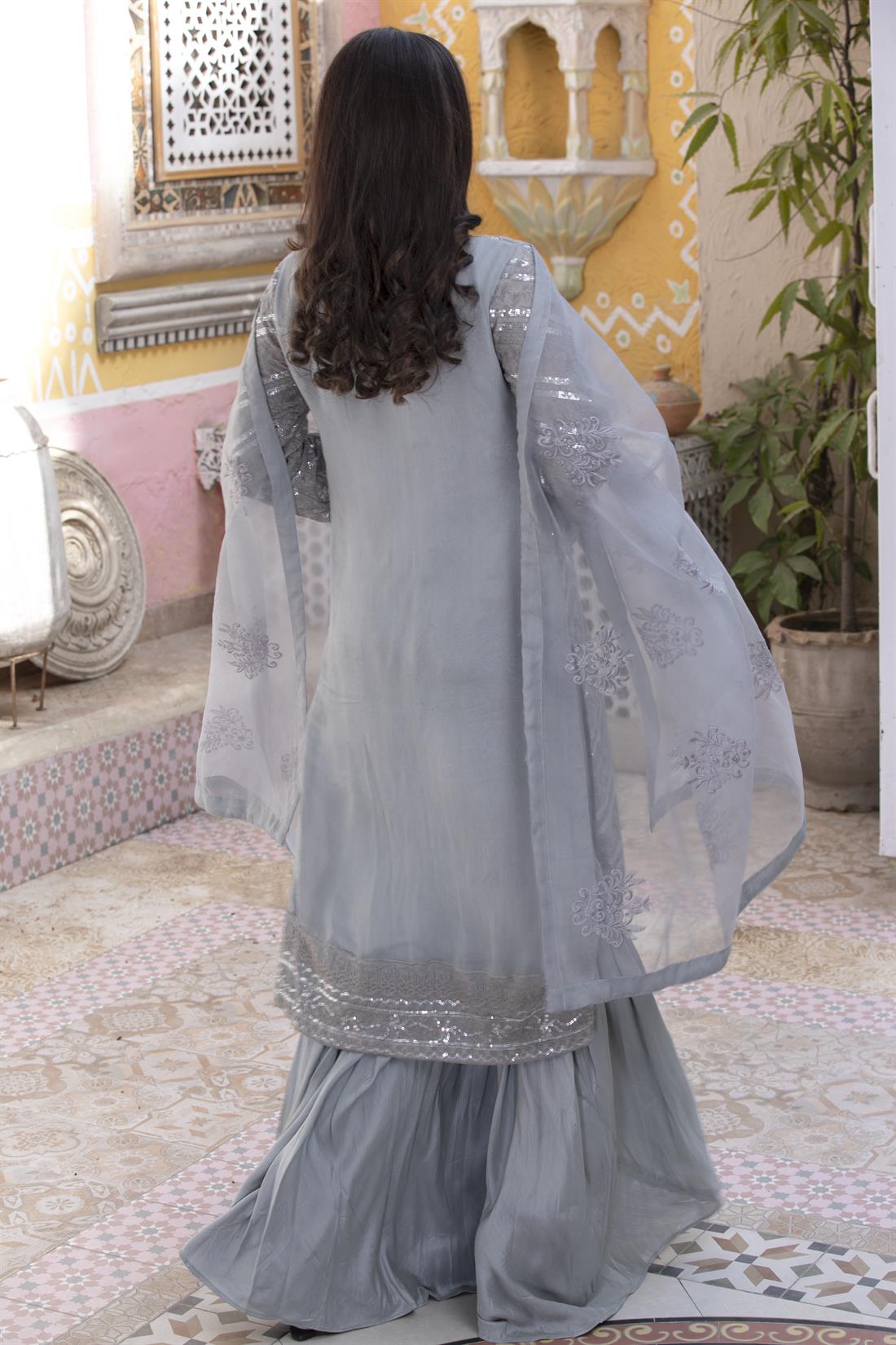 Grey Gharara 3 Piece Heavy Embroidered Chiffon Salwar Suit