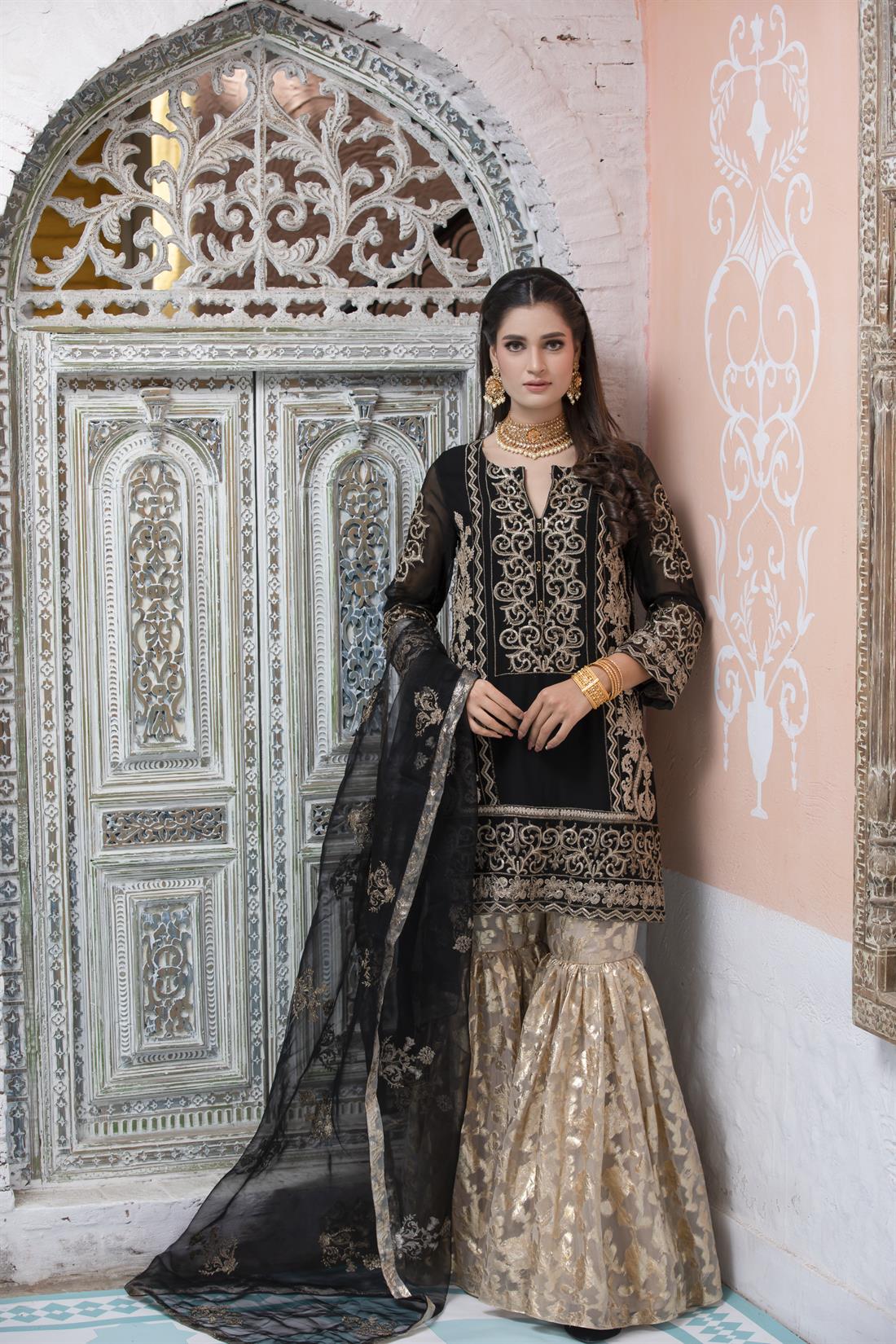 Black Gharara 3 Piece Heavy Embroidered Chiffon Salwar Suit