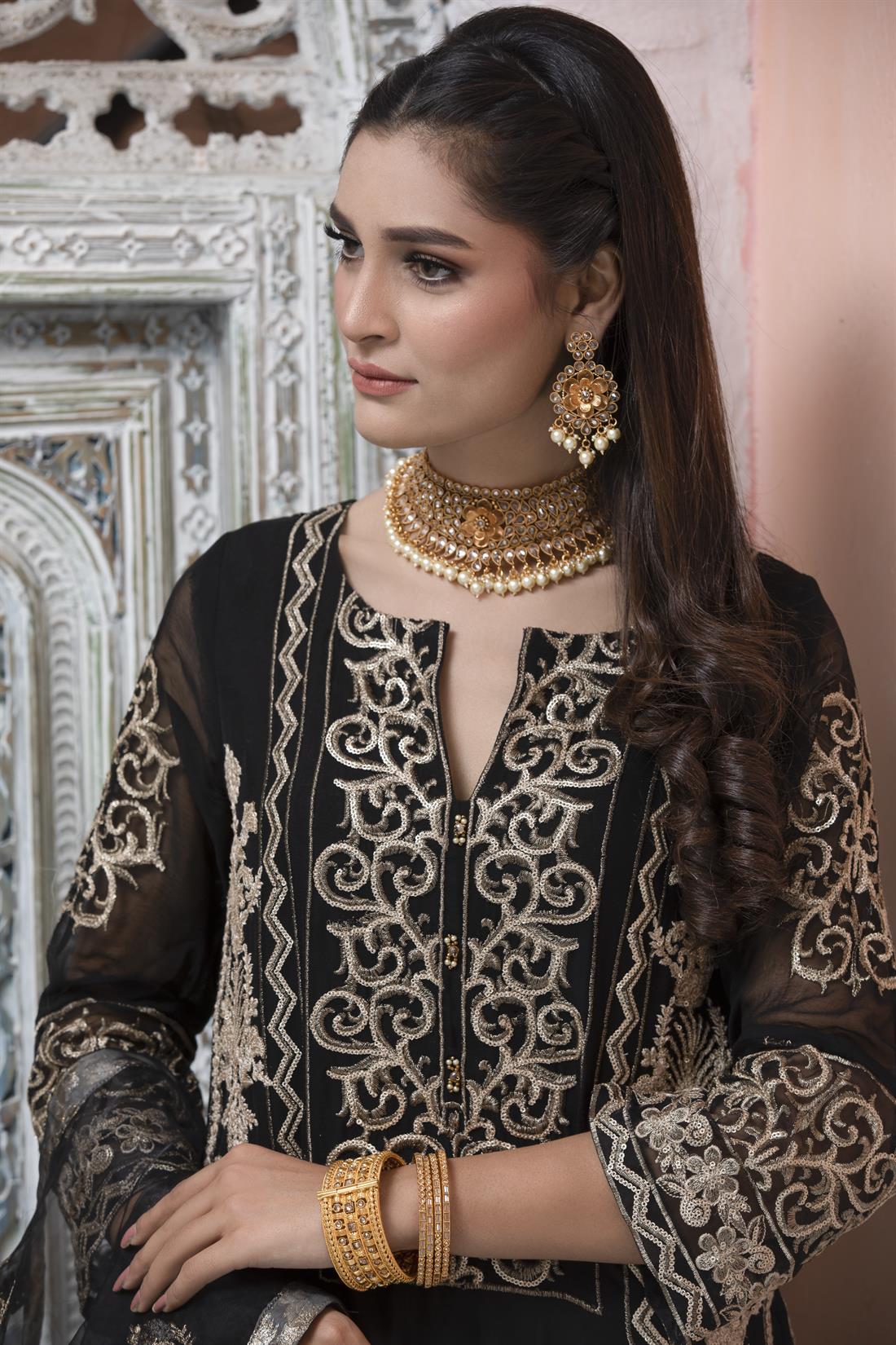 Black Gharara 3 Piece Heavy Embroidered Chiffon Salwar Suit