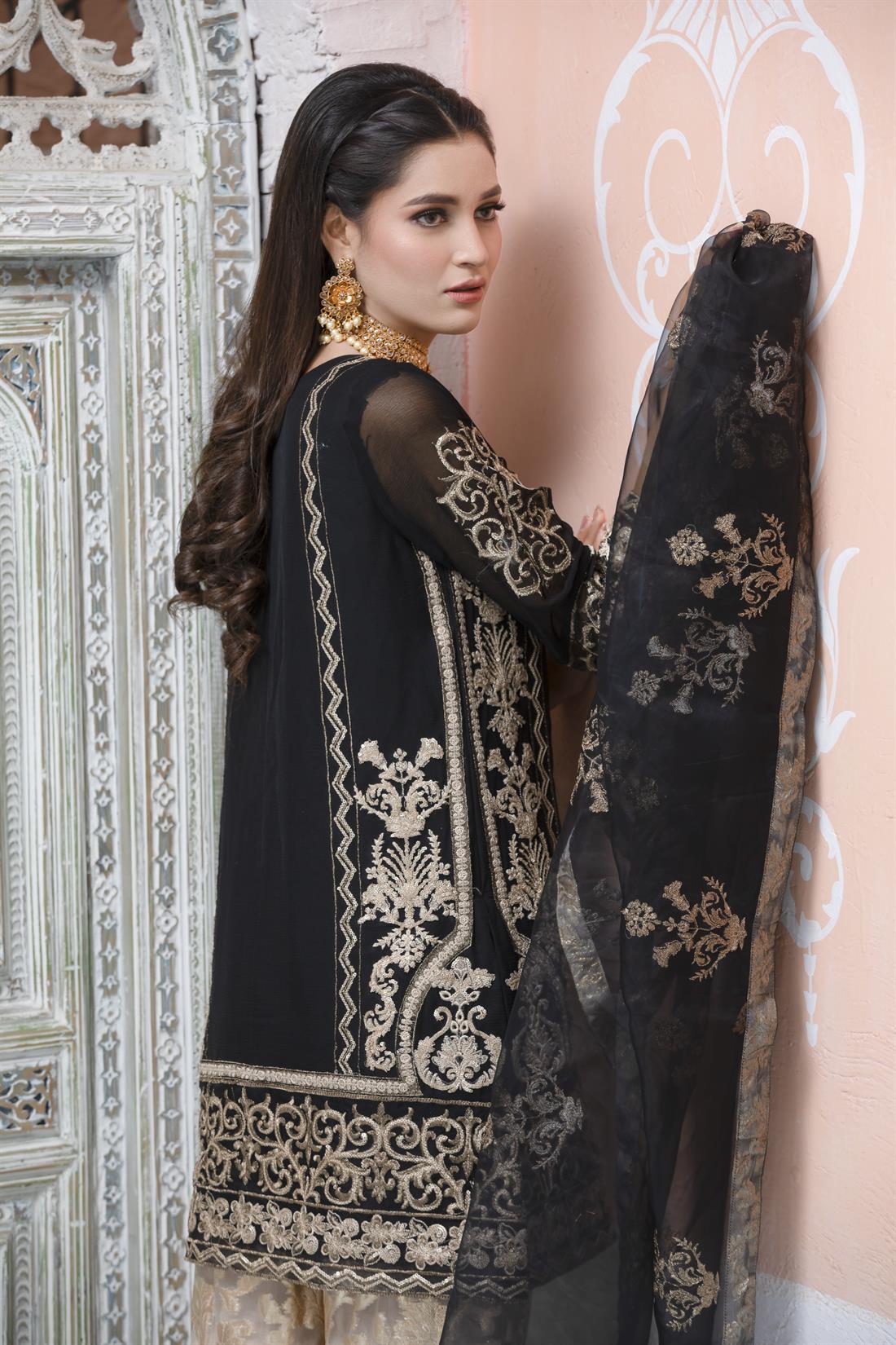 Black Gharara 3 Piece Heavy Embroidered Chiffon Salwar Suit