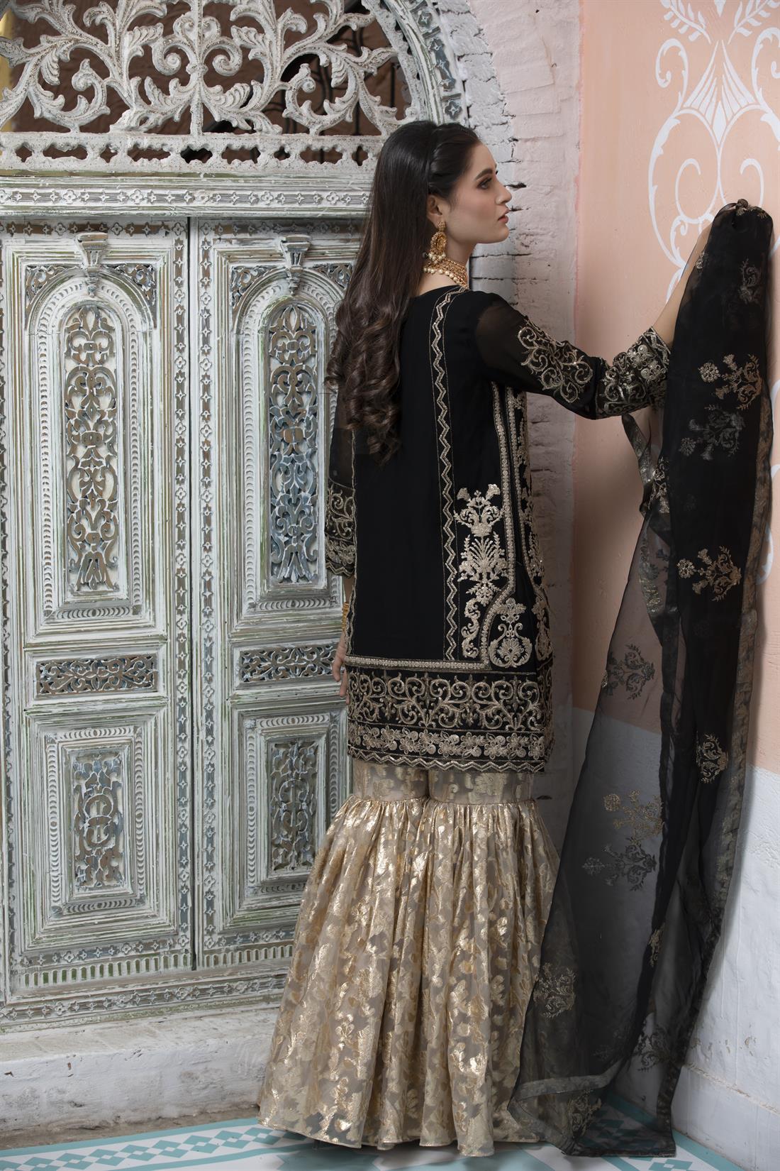 Black Gharara 3 Piece Heavy Embroidered Chiffon Salwar Suit