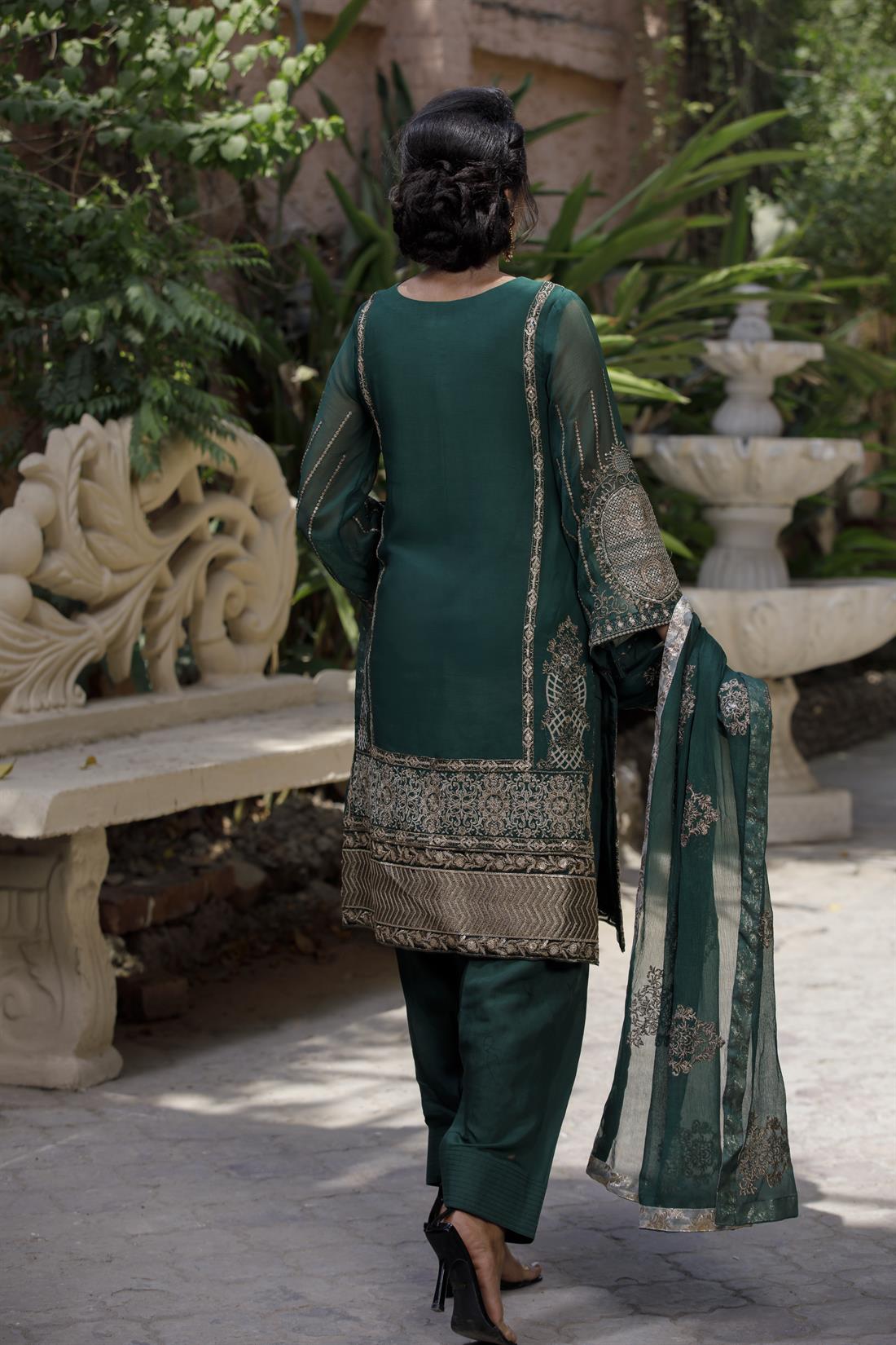 Bottle Green Heavy Embroidered Chiffon Salwar Suit