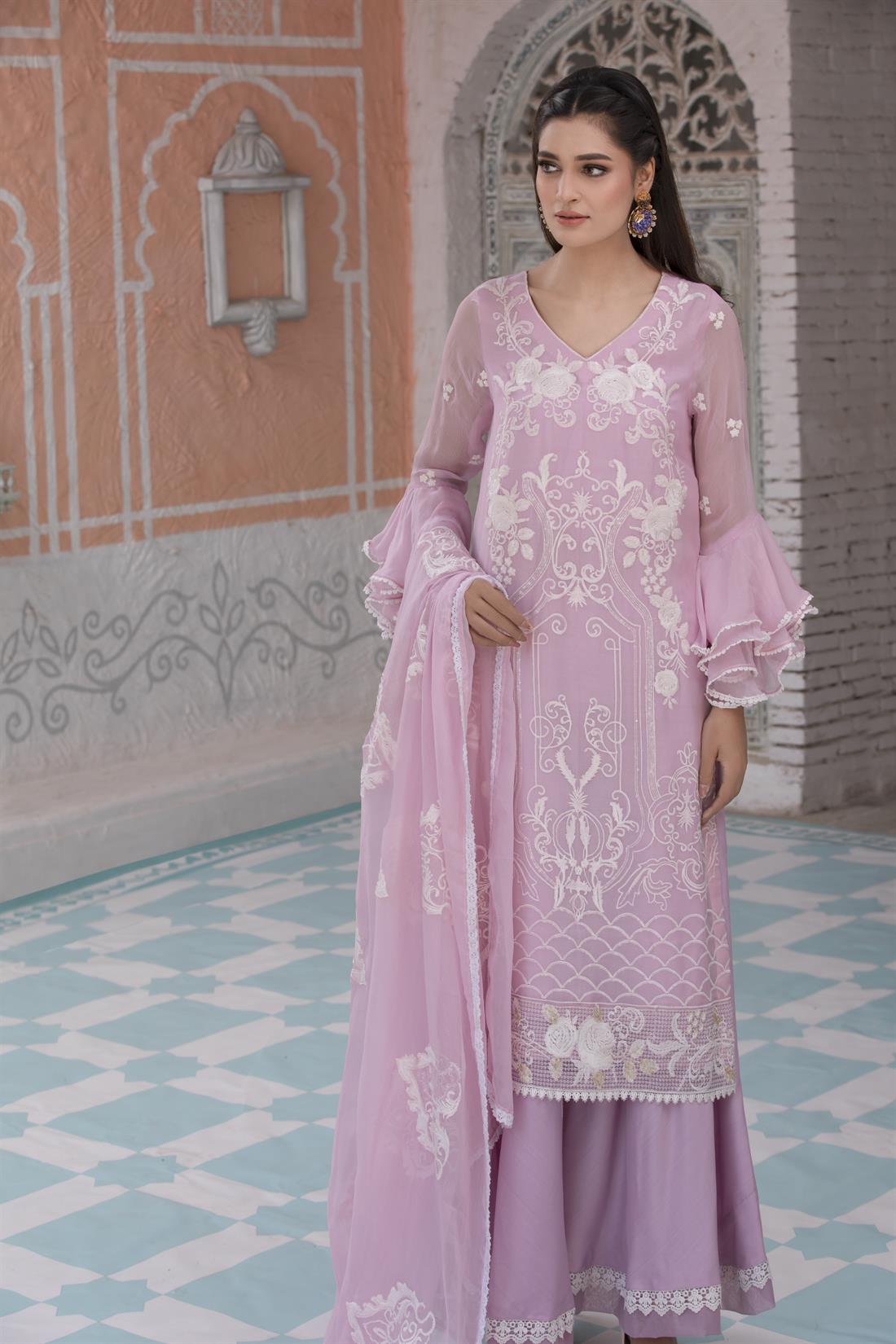 Dark Lilac Sharara 3 Piece Embroidered Chiffon Salwar Suit