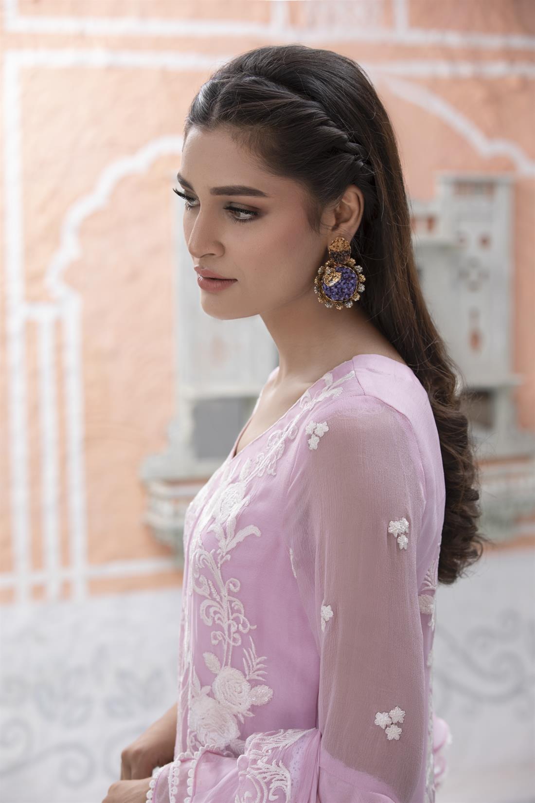 Dark Lilac Sharara 3 Piece Embroidered Chiffon Salwar Suit