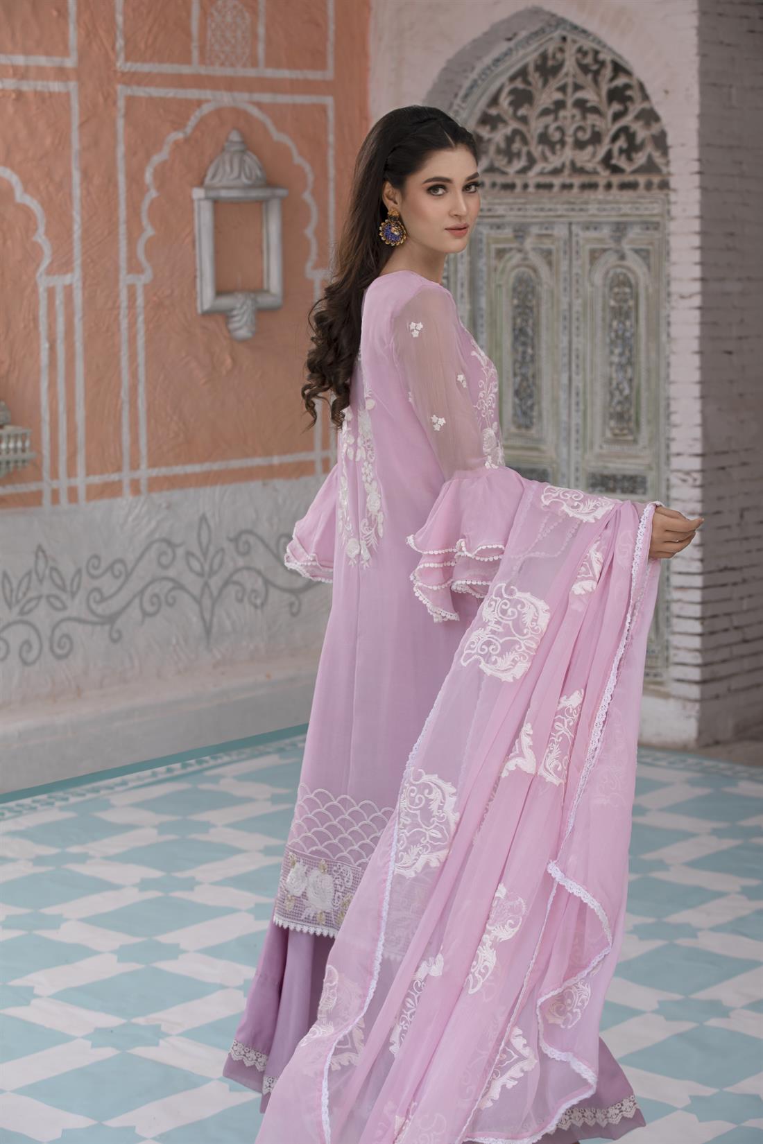 Dark Lilac Sharara 3 Piece Embroidered Chiffon Salwar Suit