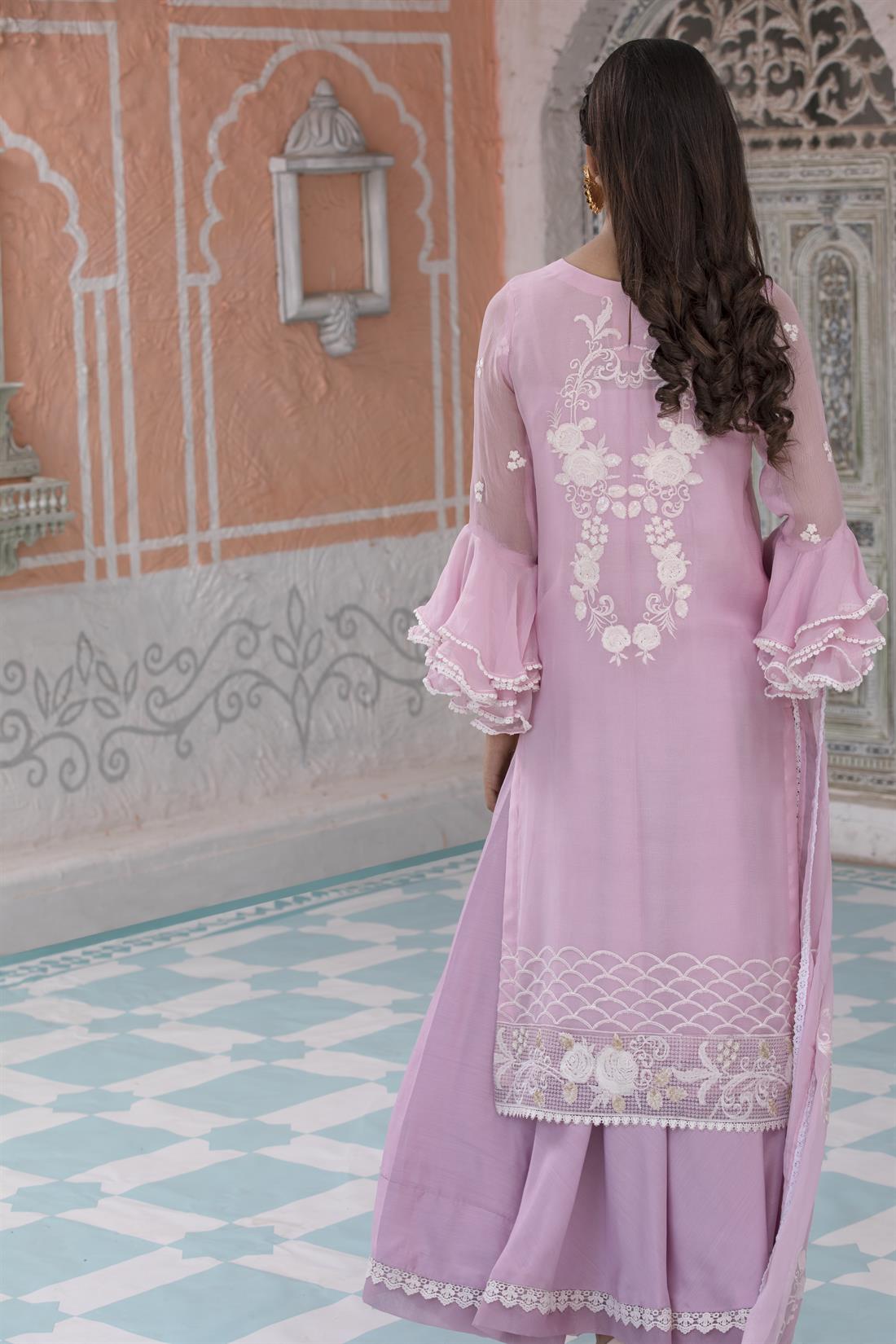 Dark Lilac Sharara 3 Piece Embroidered Chiffon Salwar Suit