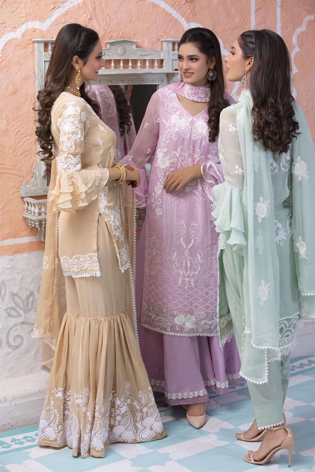 Dark Lilac Sharara 3 Piece Embroidered Chiffon Salwar Suit