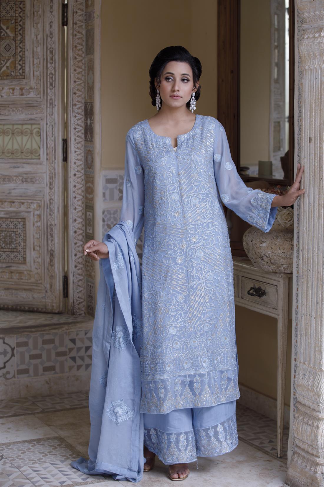 Blue Palazzo Ladies Readymade Chiffon Embroidered Salwar Suit