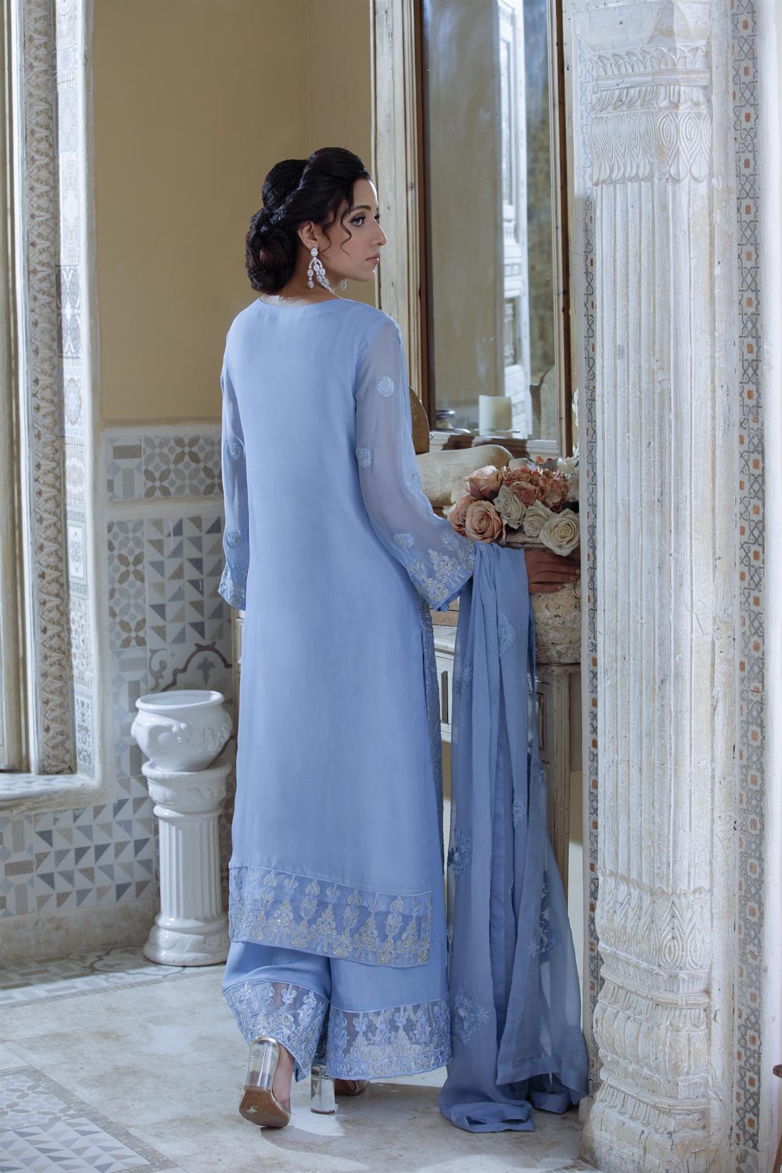 Blue Palazzo Ladies Readymade Chiffon Embroidered Salwar Suit
