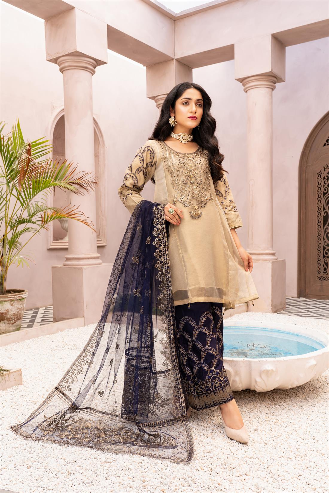 Beige 3 Piece Heavy Embroidered Readymade Salwar Suit