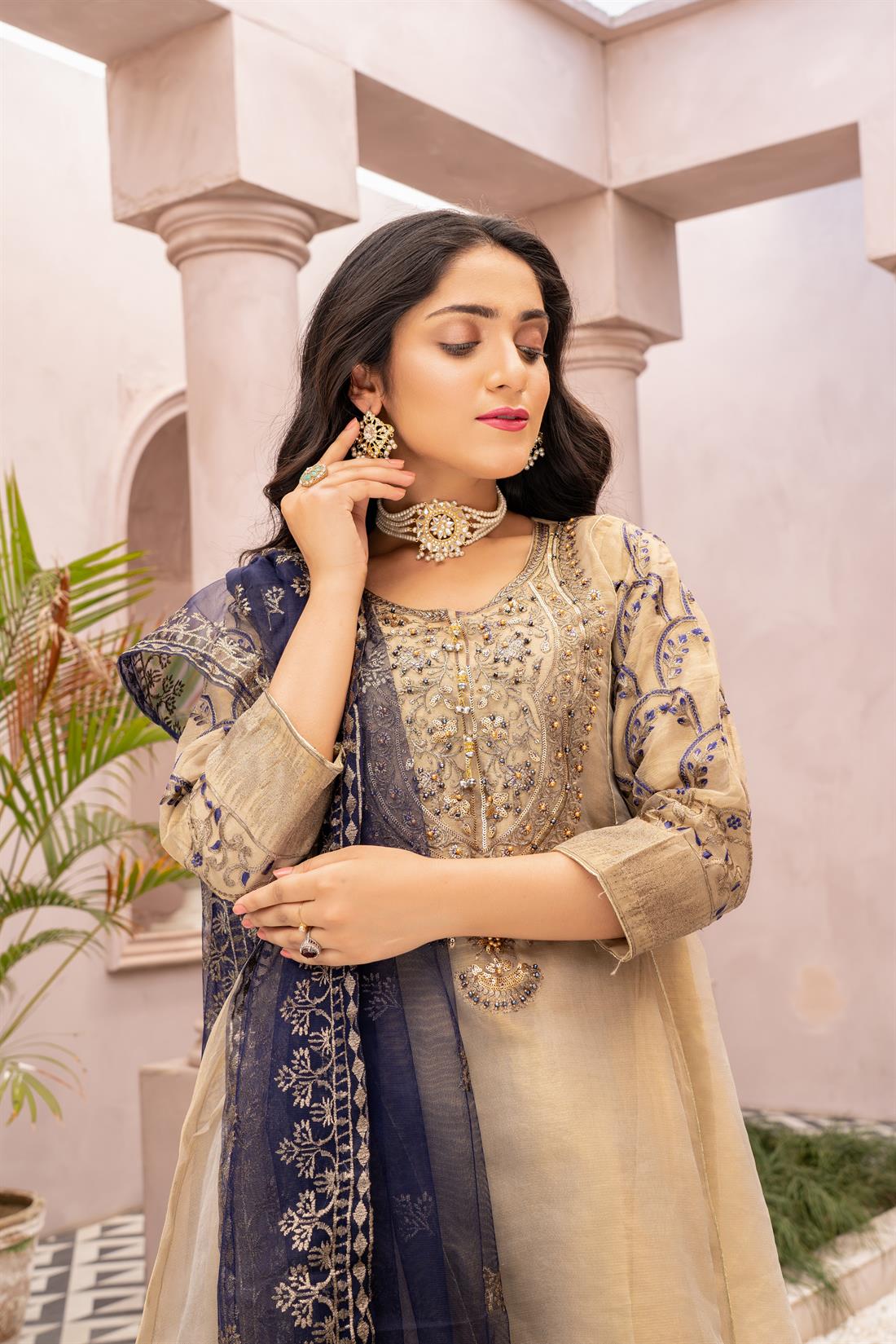Beige 3 Piece Heavy Embroidered Readymade Salwar Suit