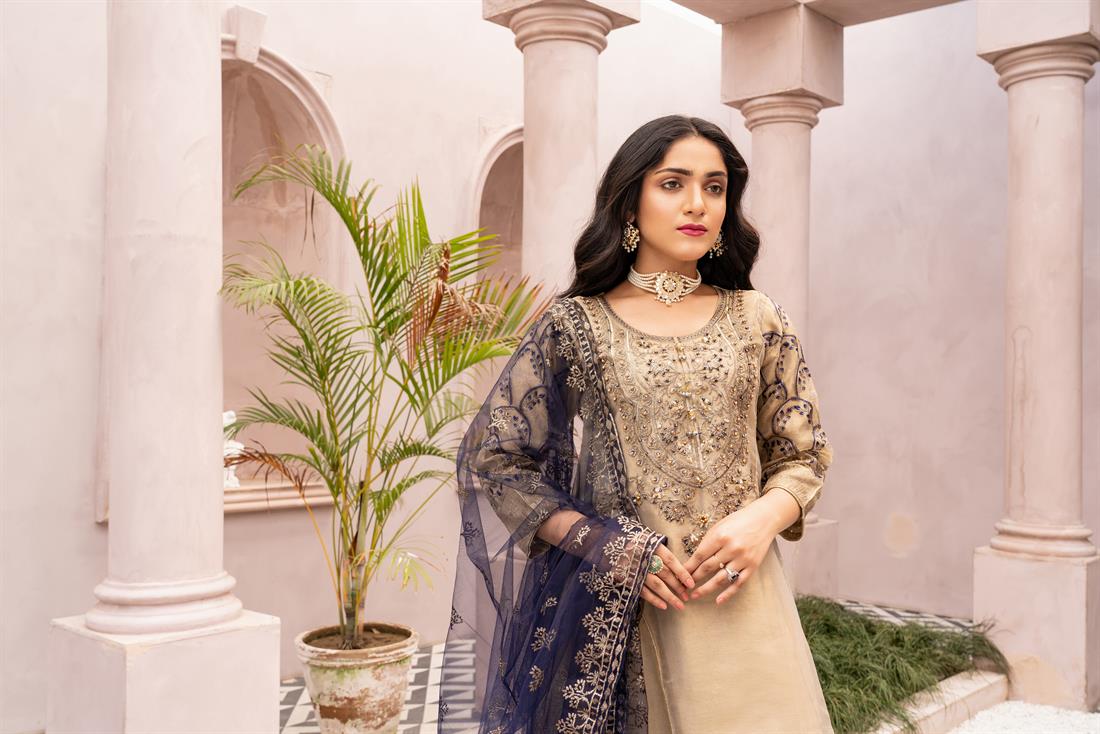 Beige 3 Piece Heavy Embroidered Readymade Salwar Suit