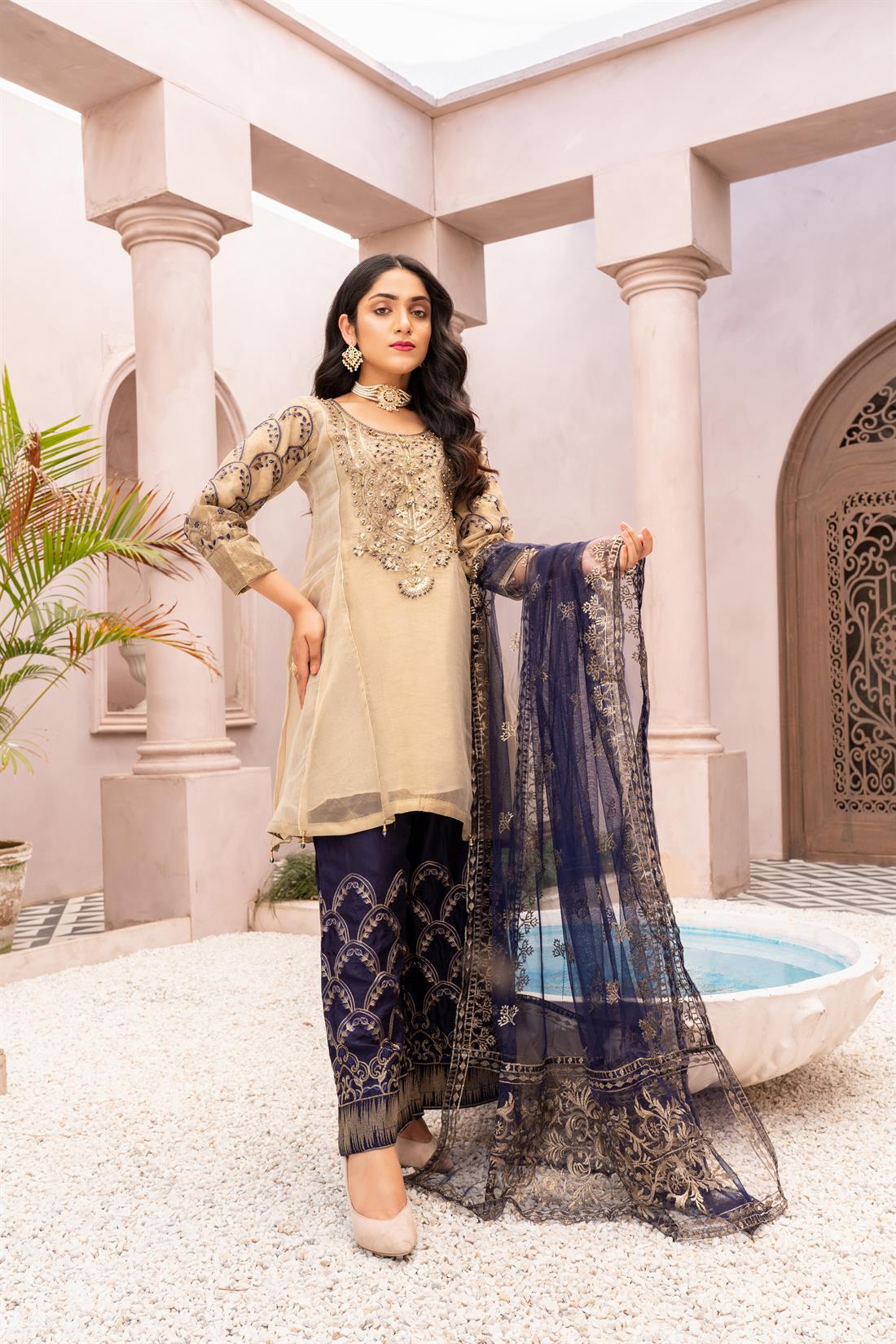Beige 3 Piece Heavy Embroidered Readymade Salwar Suit