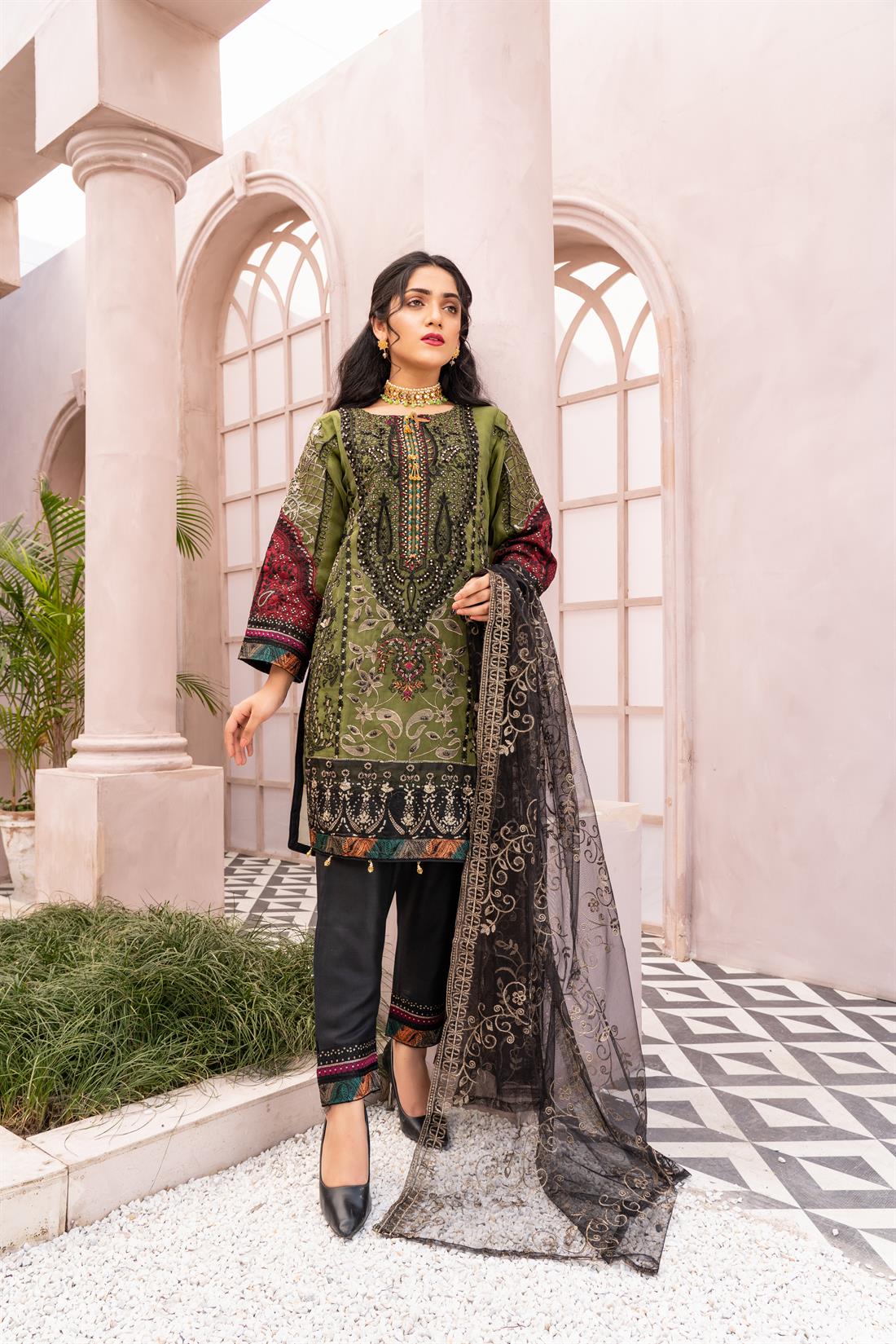 Green 3 Piece Heavy Embroidered Readymade Salwar Suit
