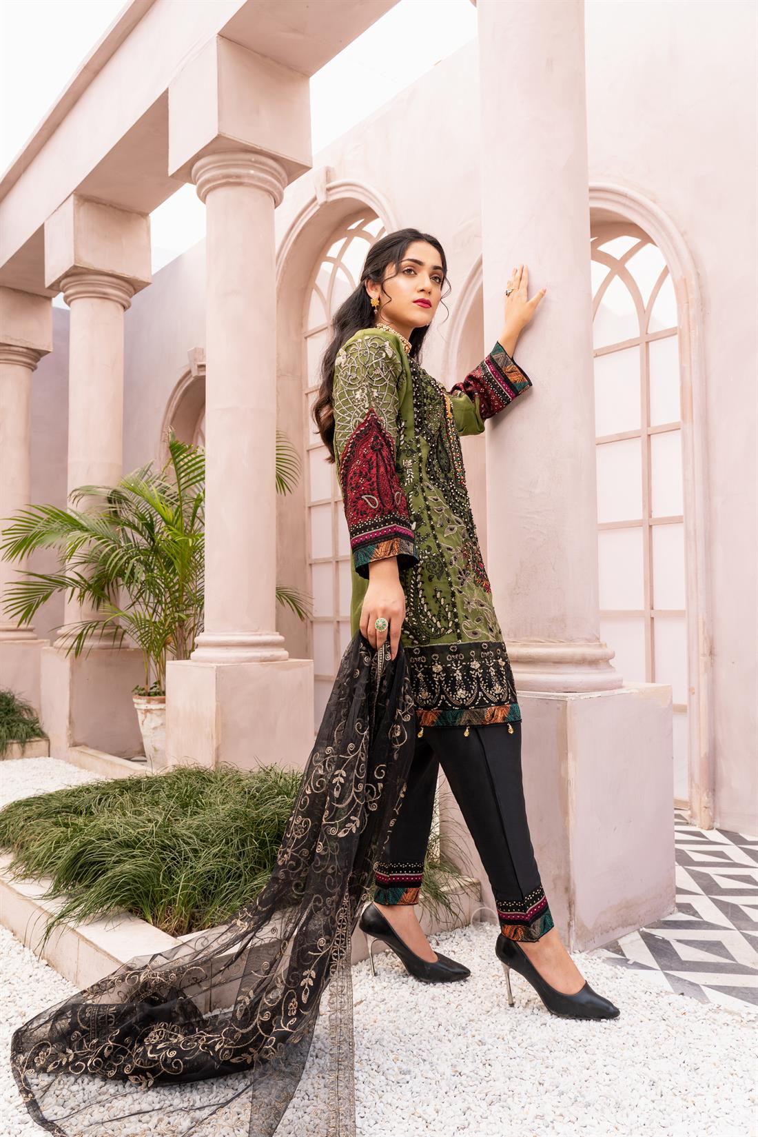 Green 3 Piece Heavy Embroidered Readymade Salwar Suit