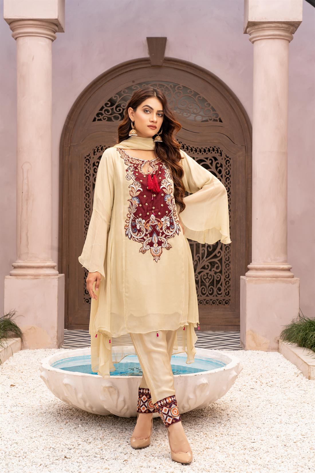 Beige Ladies Readymade 3 Piece Suits for Womens