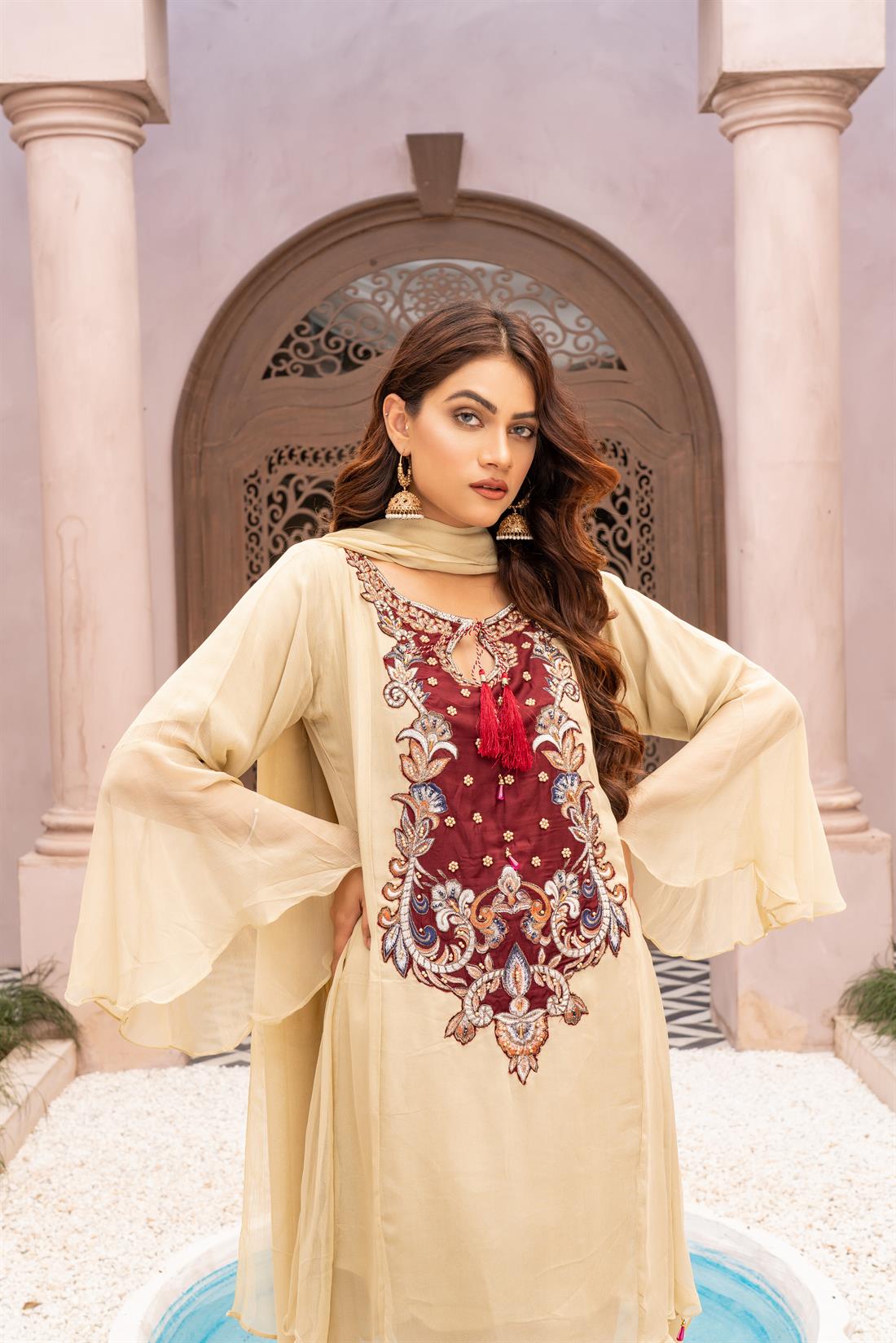 Beige Ladies Readymade 3 Piece Suits for Womens