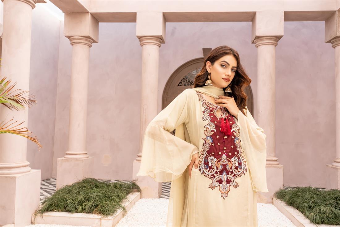 Beige Ladies Readymade 3 Piece Suits for Womens