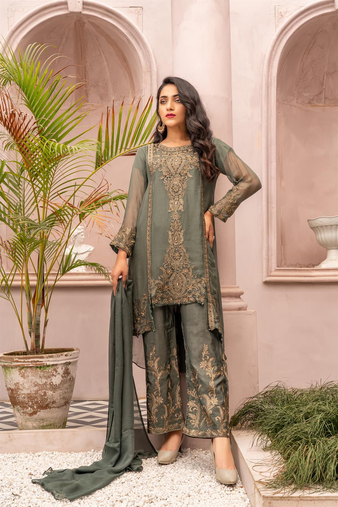 Blue Grey 3 Piece Embroidered Readymade Salwar Kameez