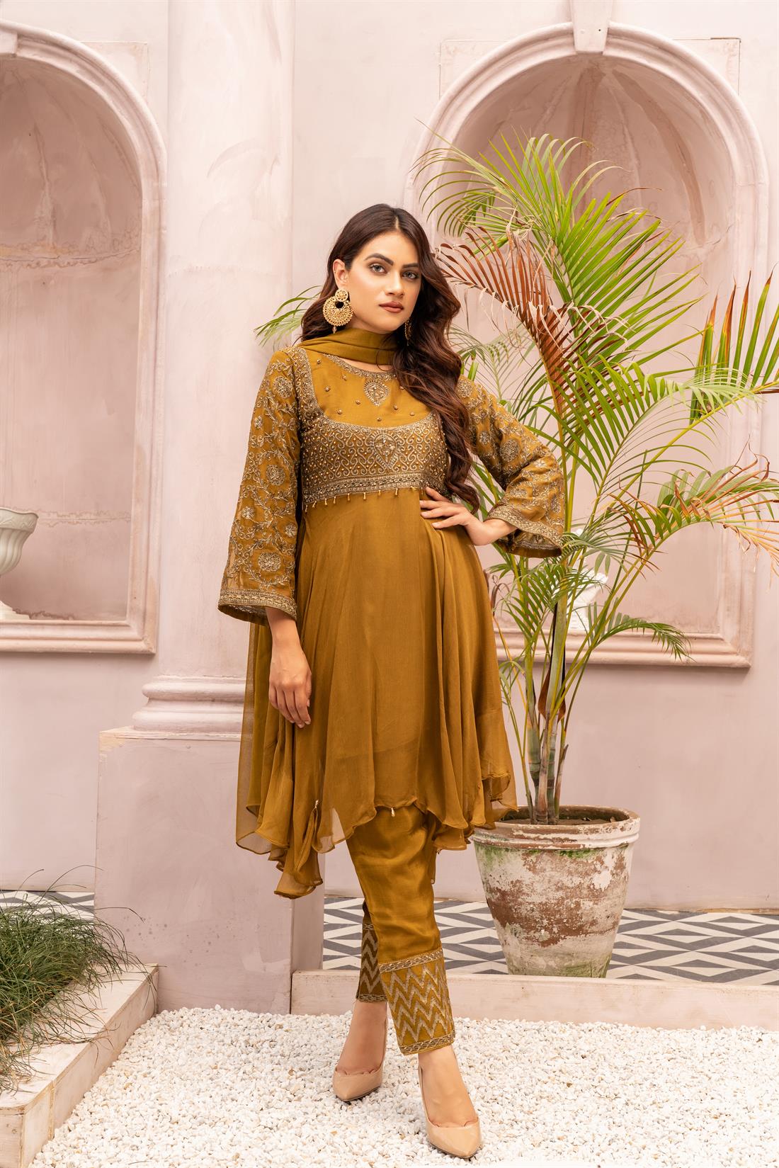 Mehndi Brown 3 Piece Ladies Readymade Salwar Kameez