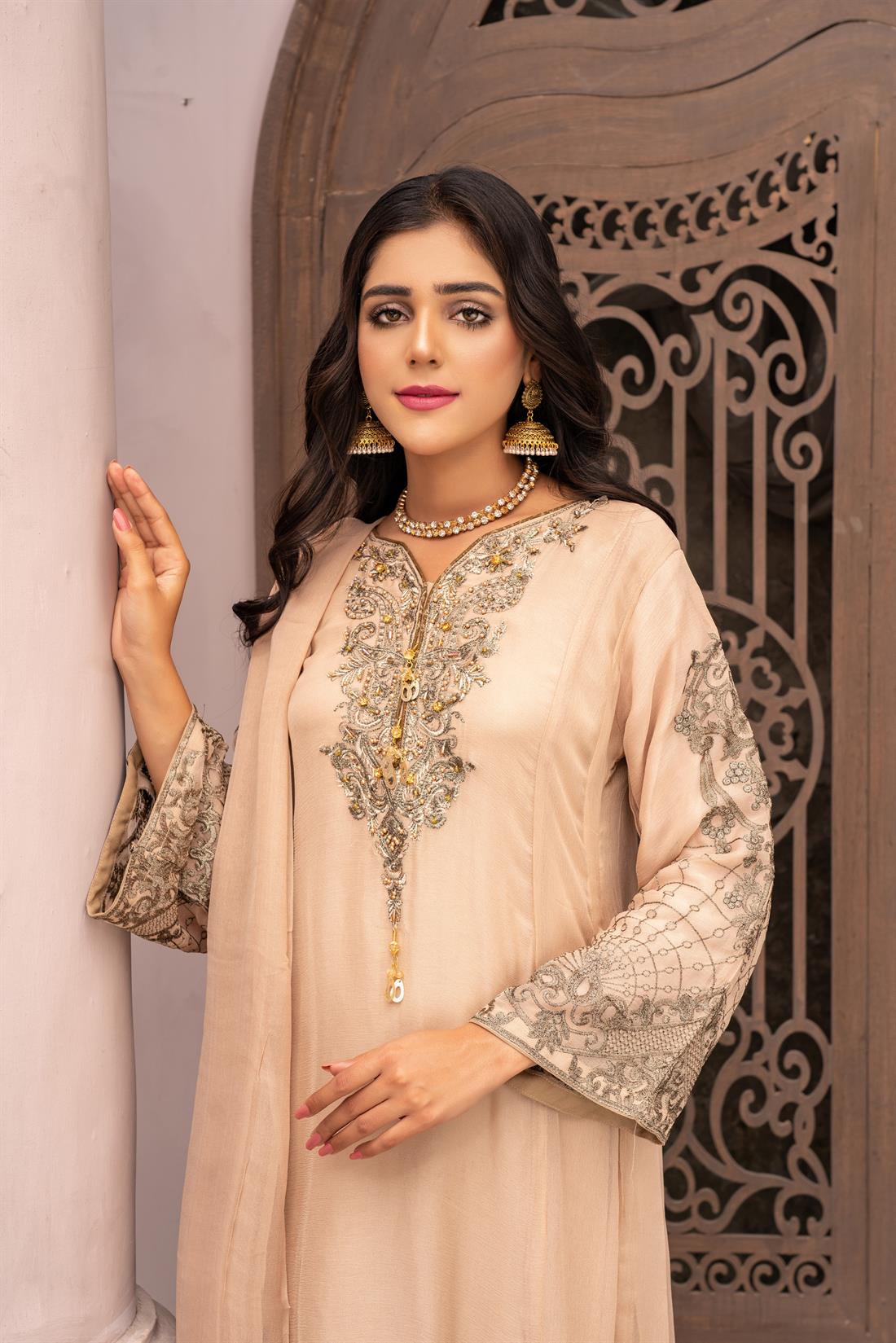 Light Peach 3 Piece Embroidered Readymade Salwar Suit