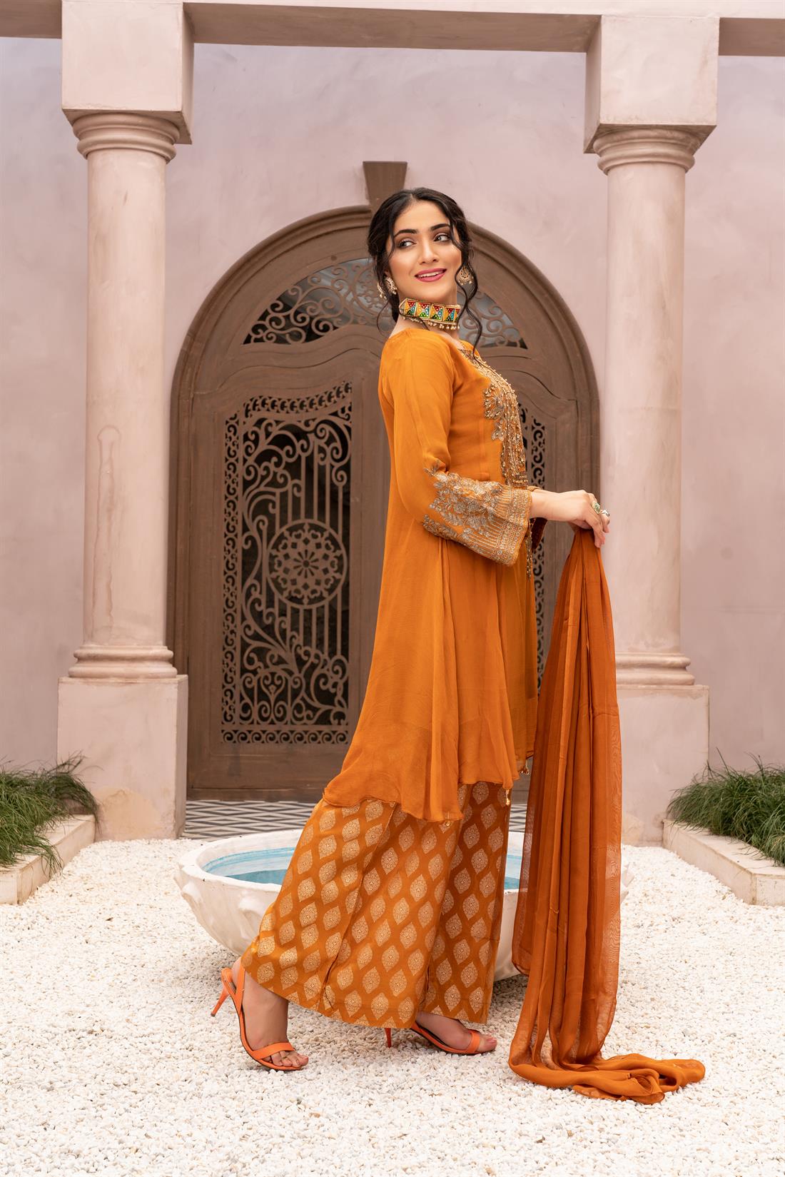 Burnt Orange 3 Piece Ladies Readymade Salwar Suit