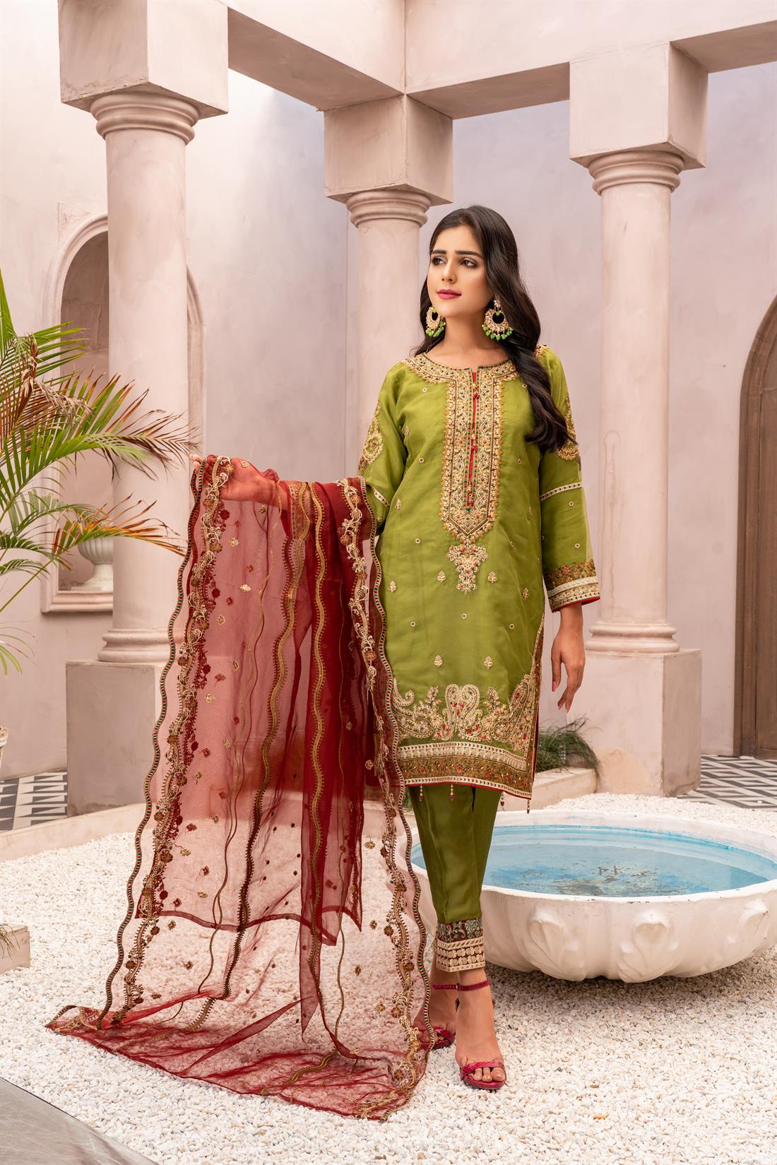 Apple Green Ladies Readymade 3 Piece Suits for Womens