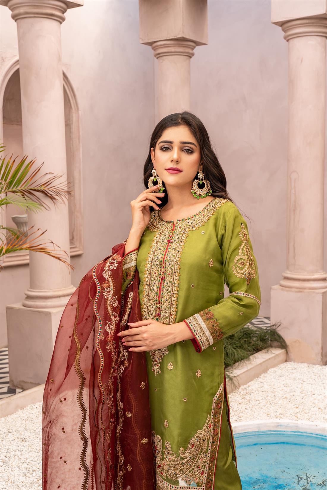 Apple Green Ladies Readymade 3 Piece Suits for Womens