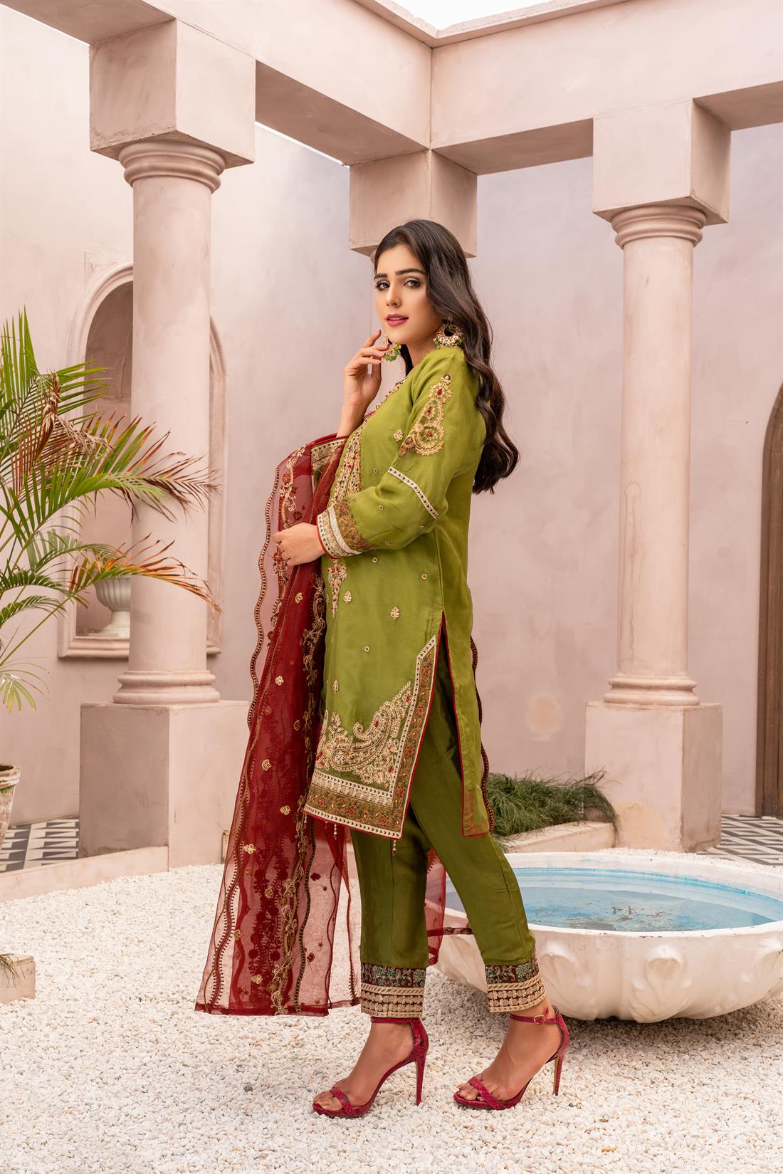 Apple Green Ladies Readymade 3 Piece Suits for Womens