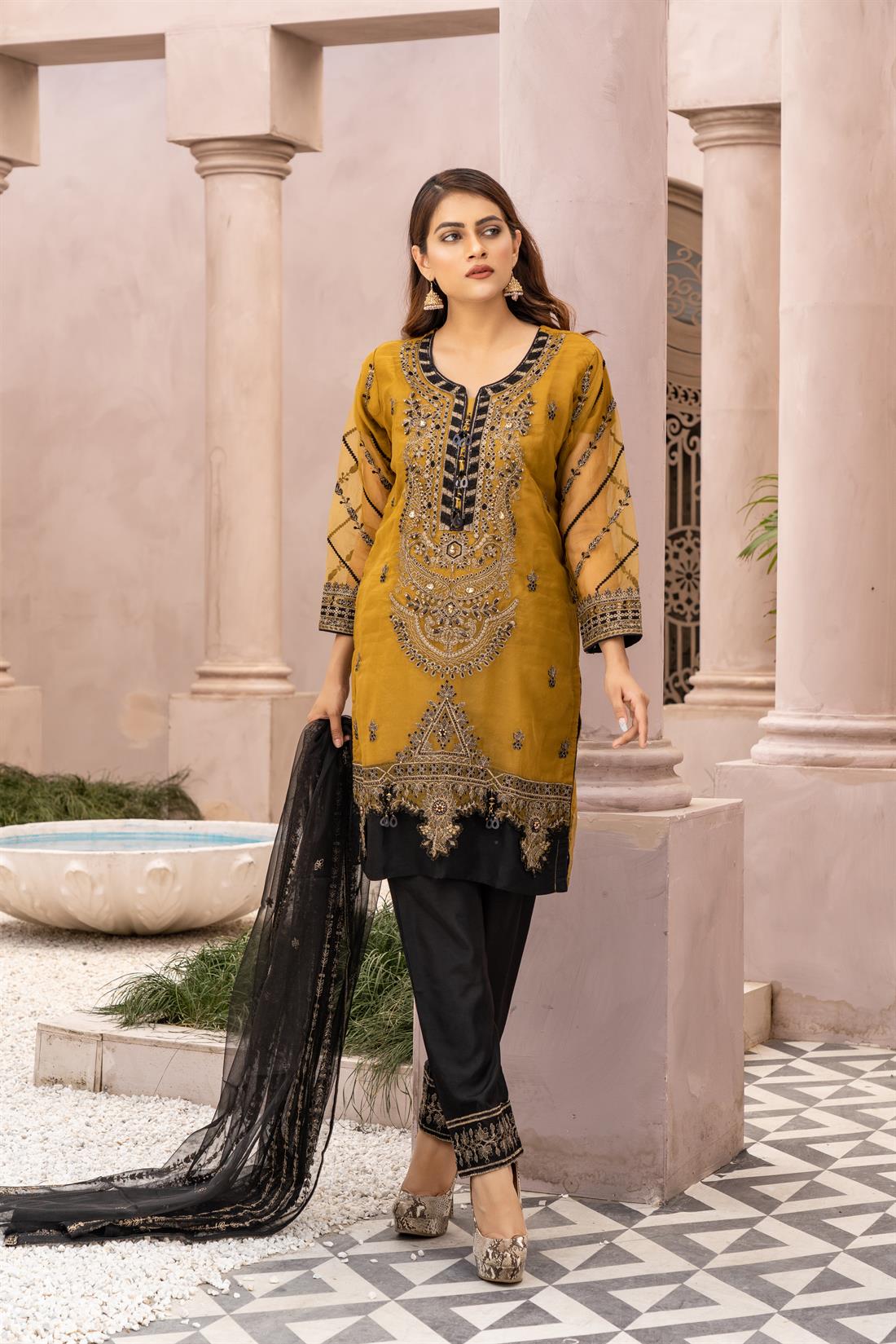 Mustard & Black Ladies Readymade 3 Piece Suits for Womens