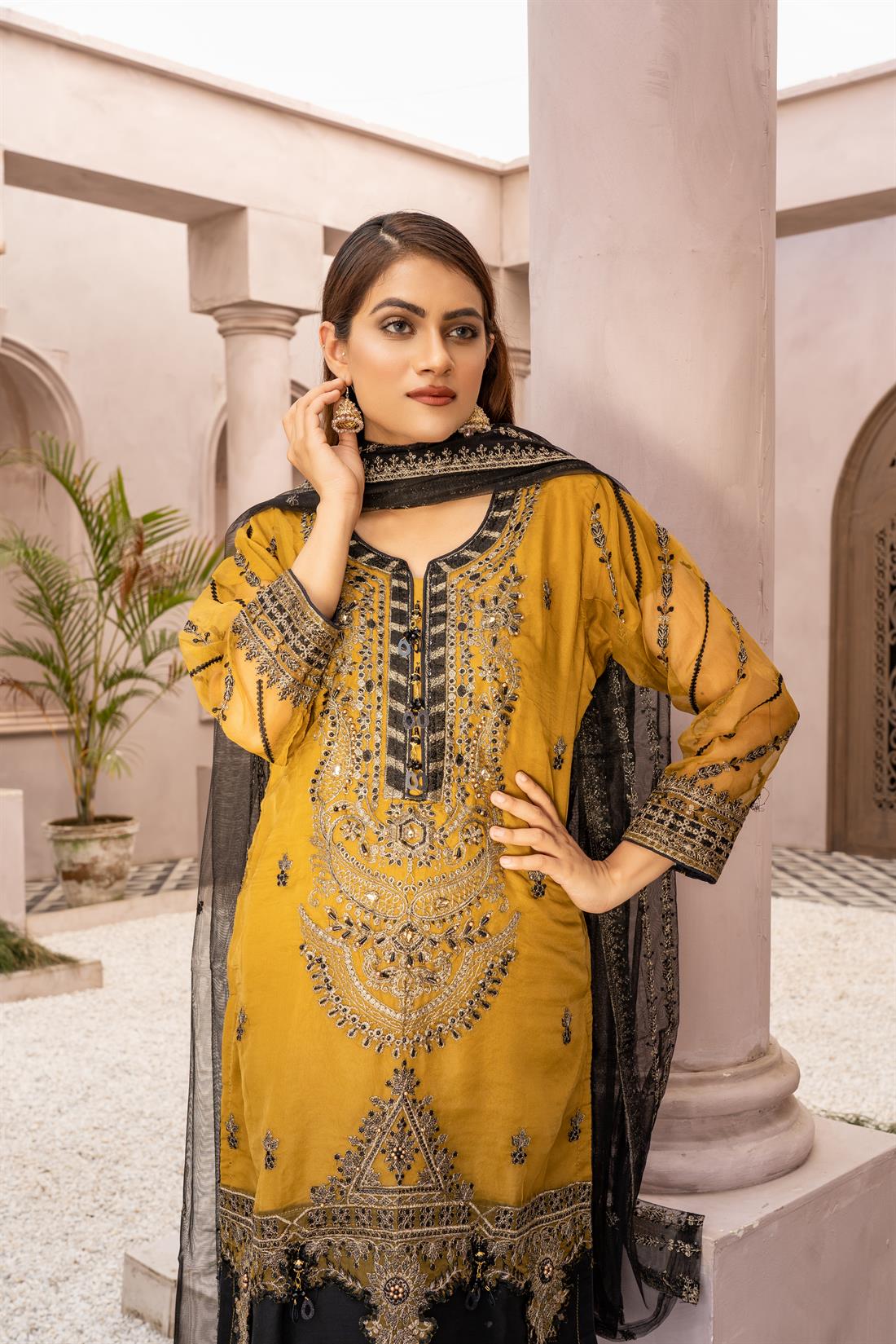 Mustard & Black Ladies Readymade 3 Piece Suits for Womens