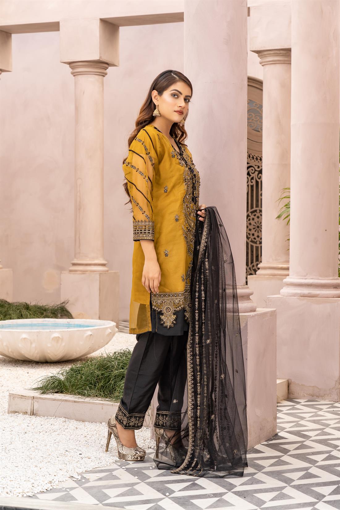 Mustard & Black Ladies Readymade 3 Piece Suits for Womens